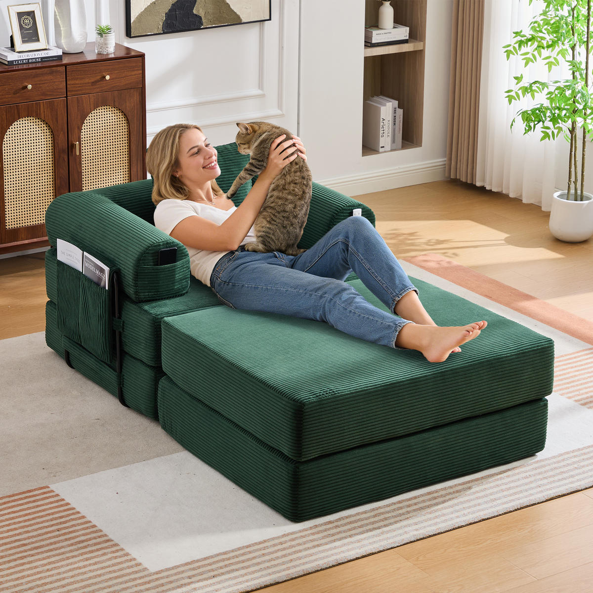 SOFA Cord Smaragdgrün mit Hocker und Kissen - Smaragdgrün, Textil/Metall (112/67/190cm) - WISHDOR