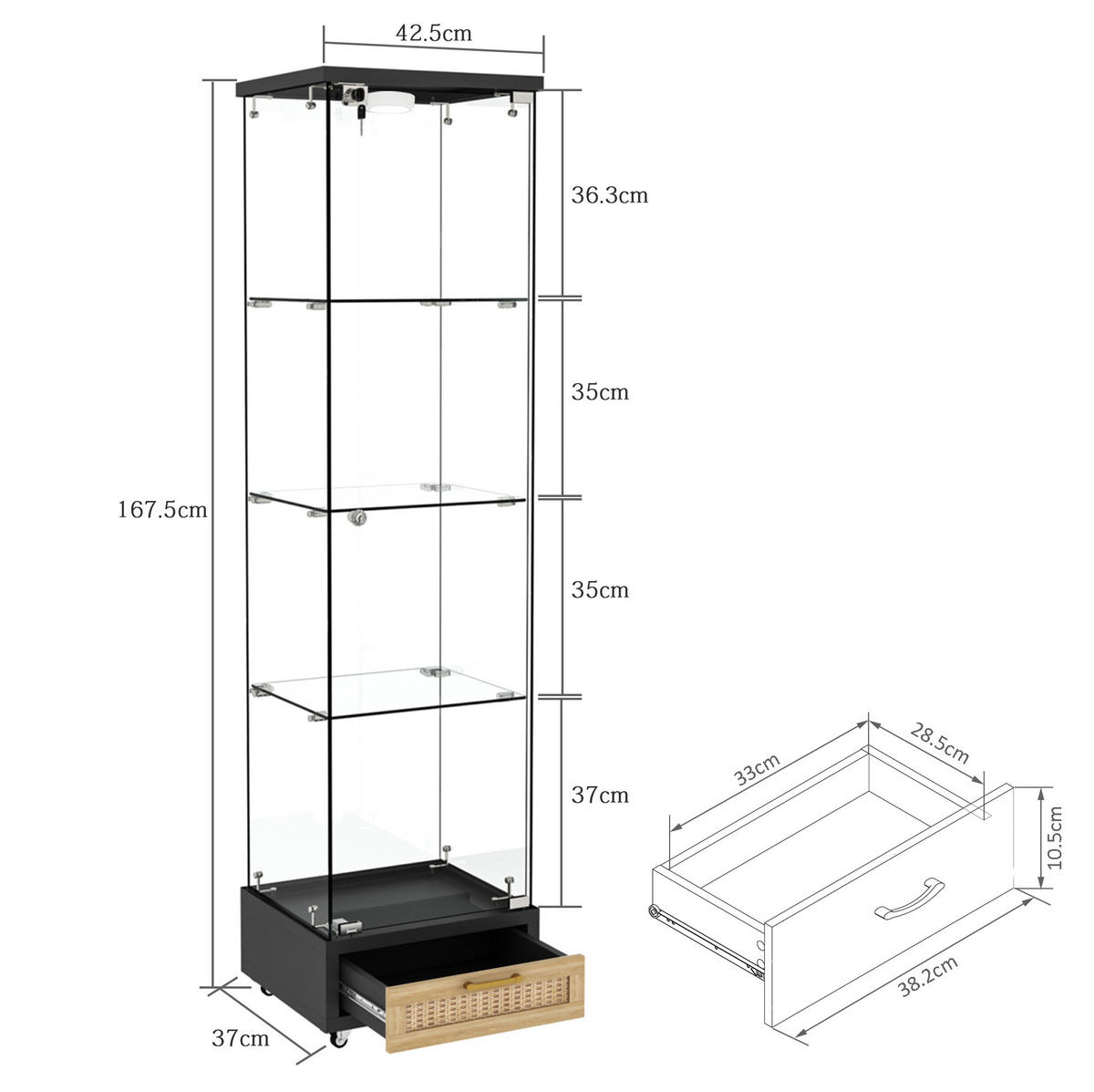 VITRINE mit LED-Beleuchtung 42,5/36,5/167 cm in Schwarz, abschließbar - Schwarz, Holzwerkstoff (42.5/167/36.5cm) - BEAOK