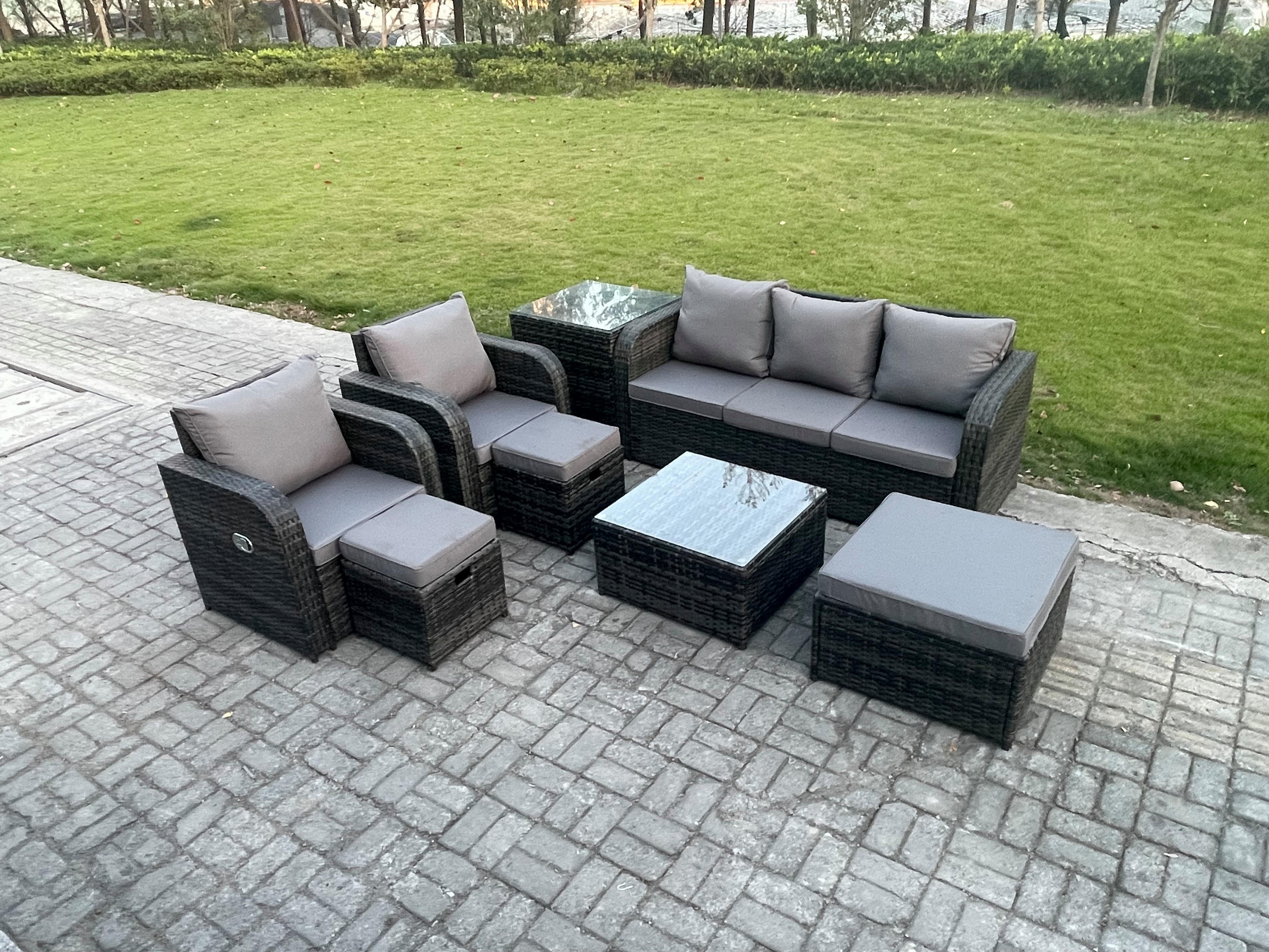 GARTENMÖBELGARNITUR mit KISSEN Polyrattan Dunkelgrau 8-Sitzer - Dunkelgrau/Grau, Glas/Kunststoff - Fimous