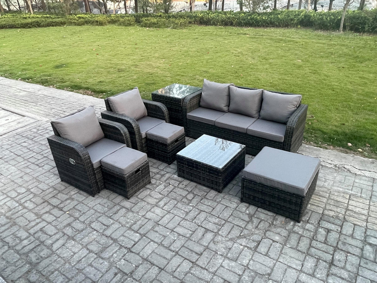 GARTENMÖBELGARNITUR mit KISSEN Polyrattan Dunkelgrau 8-Sitzer - Dunkelgrau/Grau, Glas/Kunststoff - Fimous