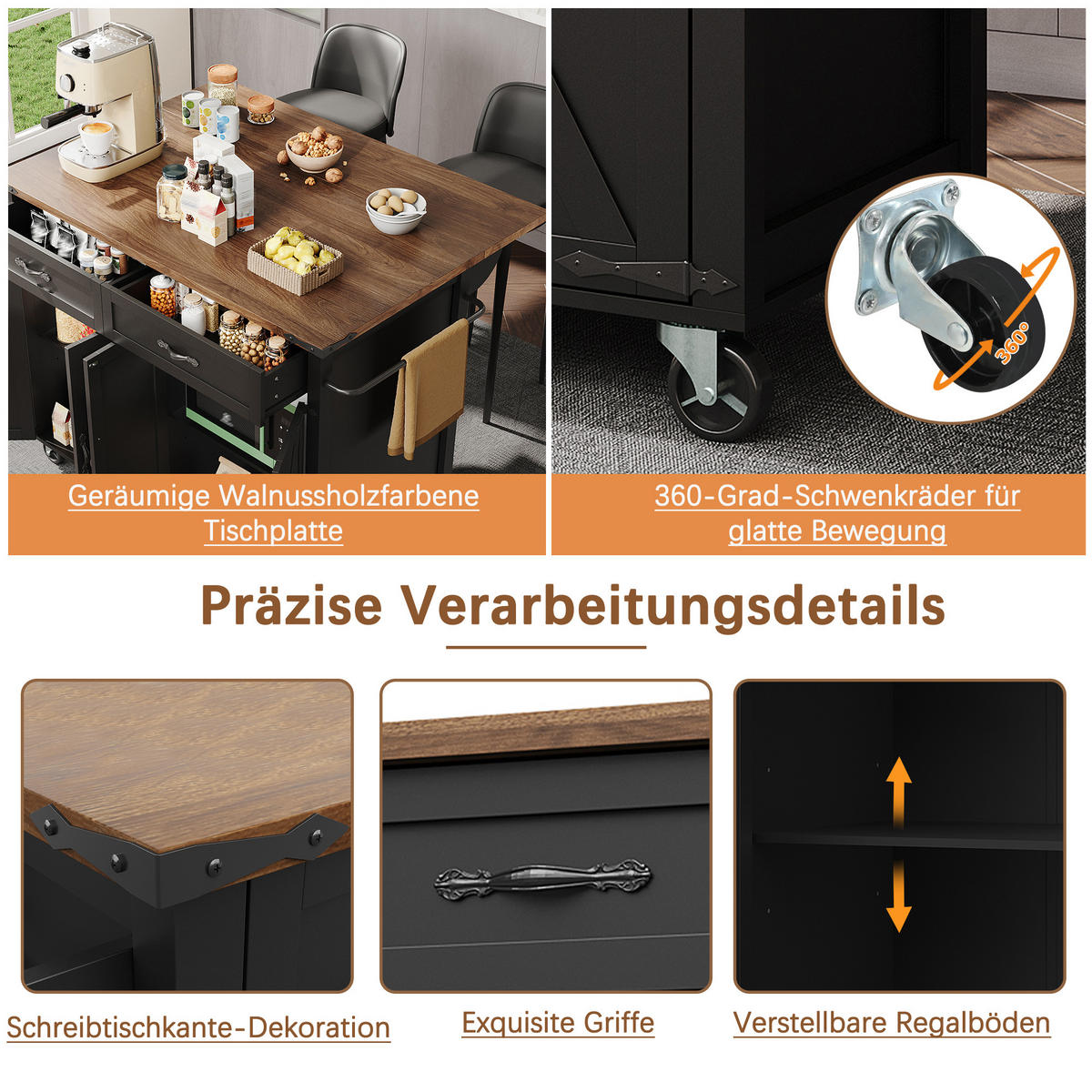 KÜCHENINSEL 140/72/93 cm Schwarz mit Klappplatte, 2 Schubladen und Gewürzregal - Schwarz, Holz/Holzwerkstoff (140/92/73cm) - Oxeza