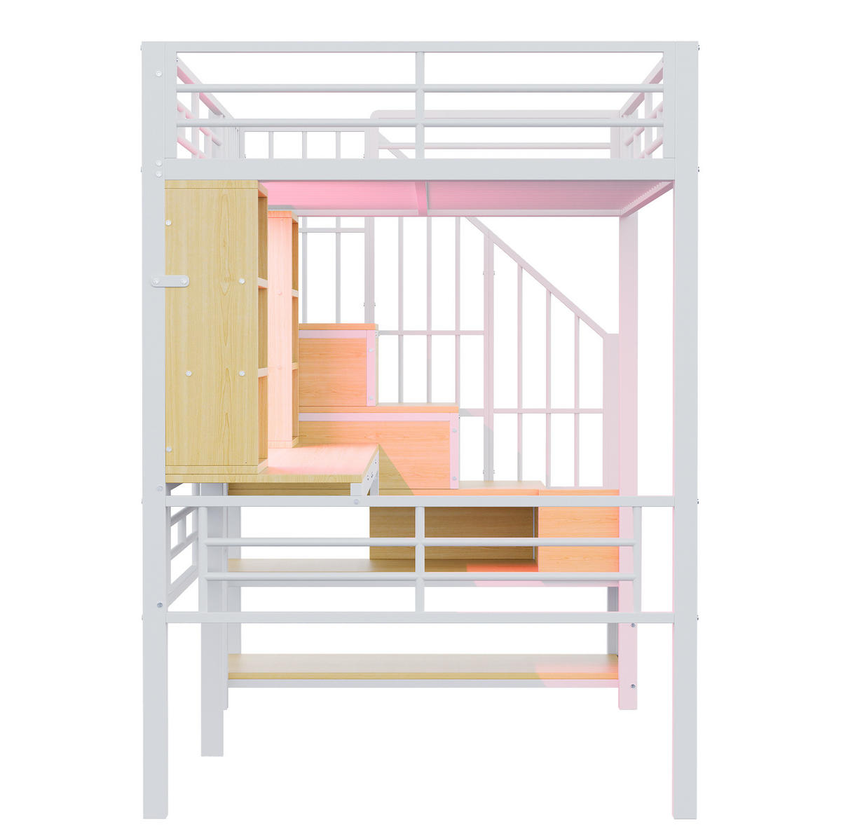 HOCHBETT 90/200 cm aus MDF und Metall mit Schreibtisch, Treppe, LED, Weiß - Weiß, Holzwerkstoff (90/200cm) - OKMYHOME