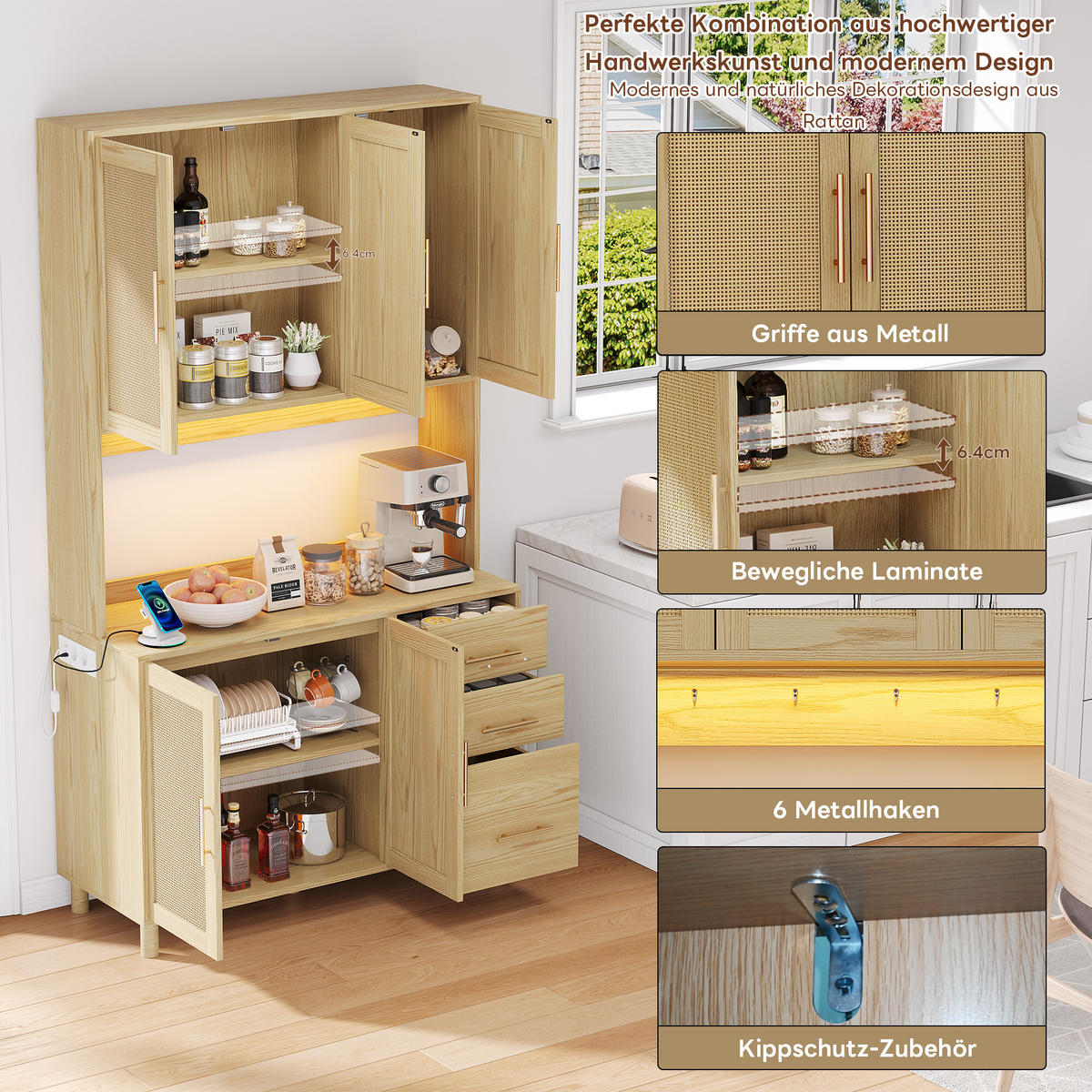 KÜCHENSCHRANK in Holz- und Rattanoptik mit LED Holzfarbe - Hellbraun, Holzwerkstoff (40/183/100cm) - Urban Meuble