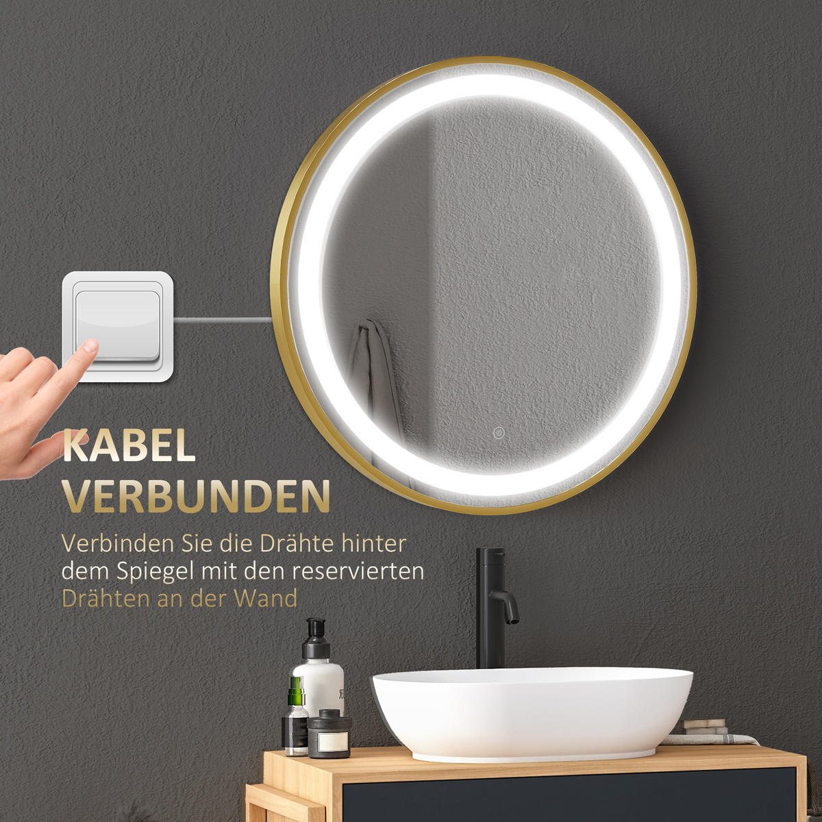 BADSPIEGEL, mit Memoryfunktion, Zeitanzeige, LED-Leuchte, IP44 - Goldfarben, Glas (4/60/60cm) - Kleankin