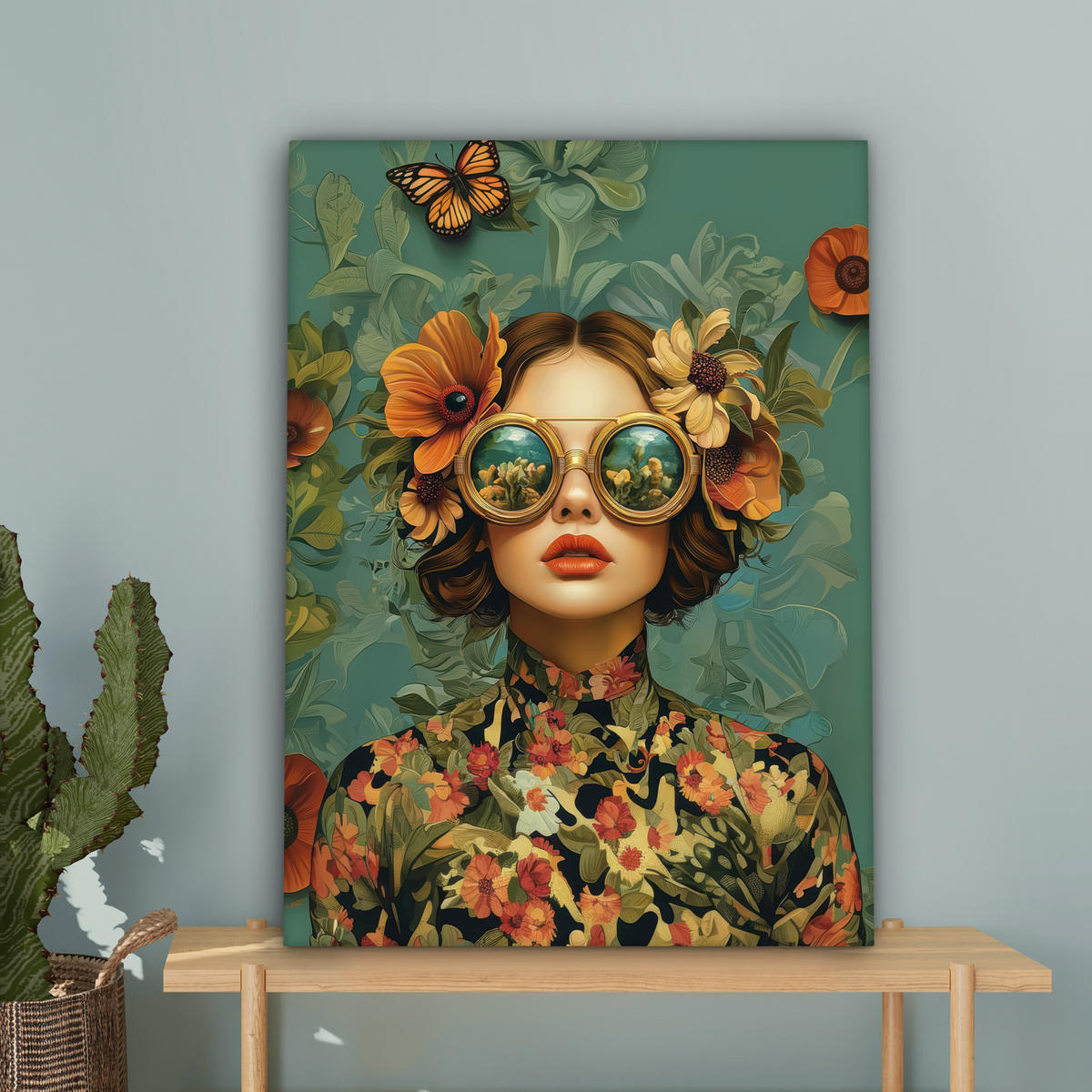 LEINWANDBILD Frau - Blumen - Schmetterlinge - Natur - Vintage Wandbild Wohnzimmer 60x80 cm - Salbeigrün, Textil (60/80cm) - MuchoWow