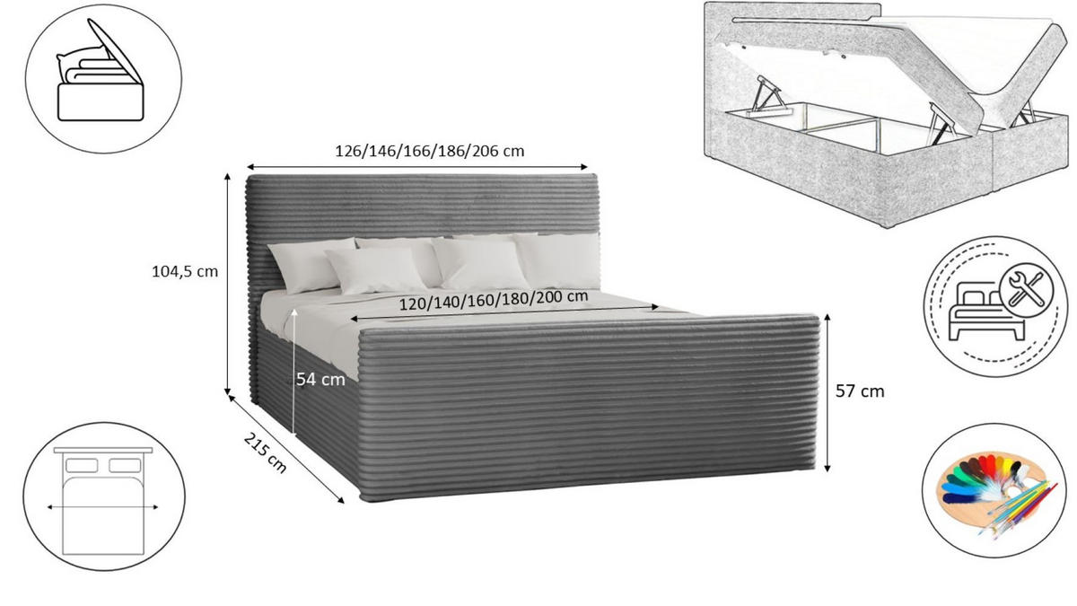 BOXBETT Mit Bettkasten Und Topper TRENTO Stoff Plüsch Cord 140x200 cm Grau H2-Pocket - Grau, Holz/Textil (140/200cm) - Kaiser Möbel