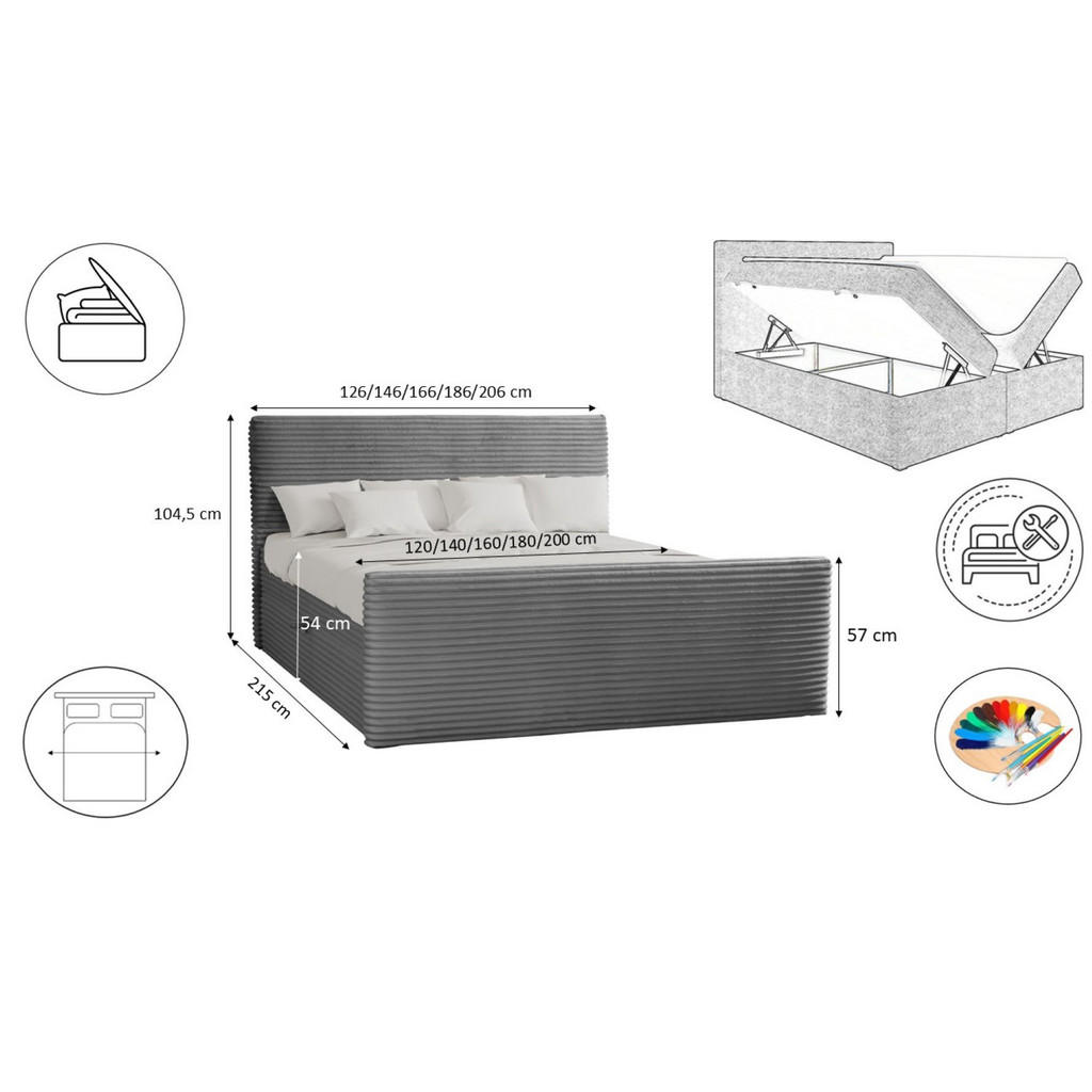 Thumbnail - Kaiser Möbel Boxbett, Dunkelgrau, Textil, H2, Höhe ca. 20 cm, Rechteckig, 140x200 cm, Schlafzimmer, Betten, Boxspringbet...