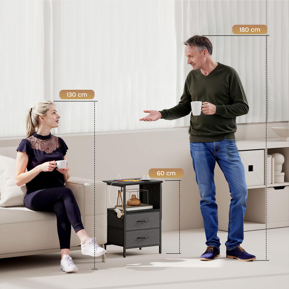 COUCHTISCH DE-08768 mit Ladestation, USB-C & Schubladen Schwarz - Schwarz, Metall (40/30/60cm) - ComfortXL