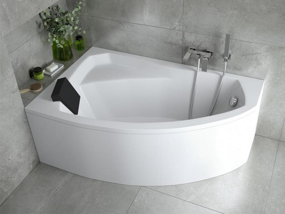BADEWANNE Eckwanne RIMA 140/90 Links mit schwarzer Kopfstützen Ablauf Füße - Weiß, Kunststoff (90/58.5/140cm) - bad land