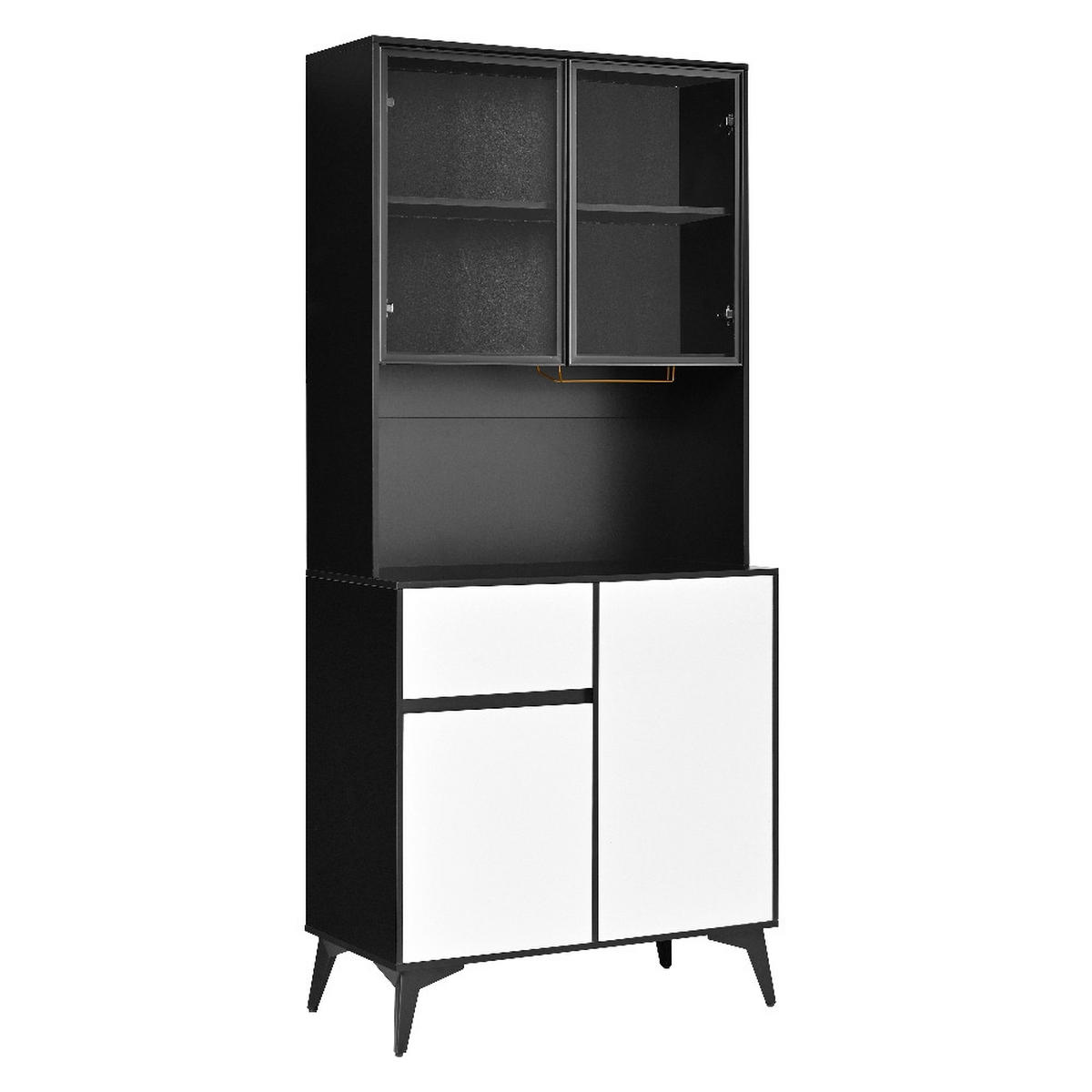 KÜCHENSCHRANK Esszimmerschrank mit LED-BELEUCHTUNG, GLASTÜREN, Schwarz-Weiß, 80/180/40 cm - Schwarz, Kunststoff (40/180/80cm) - Rolipo