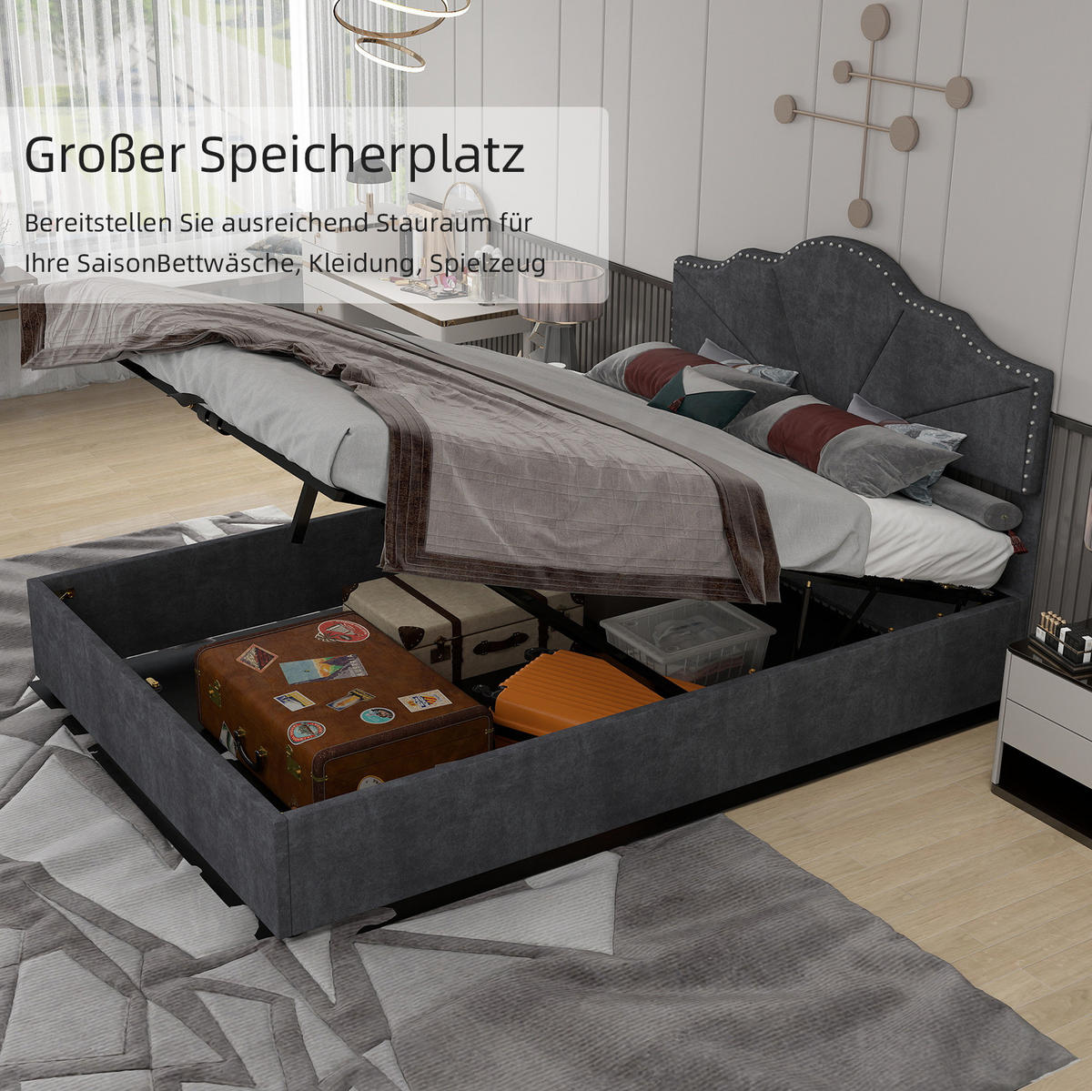 POLSTERBETT 140/200 cm grau aus Stoff und Metall mit Bettkasten - Grau, Textil (140/200cm) - OKWISH