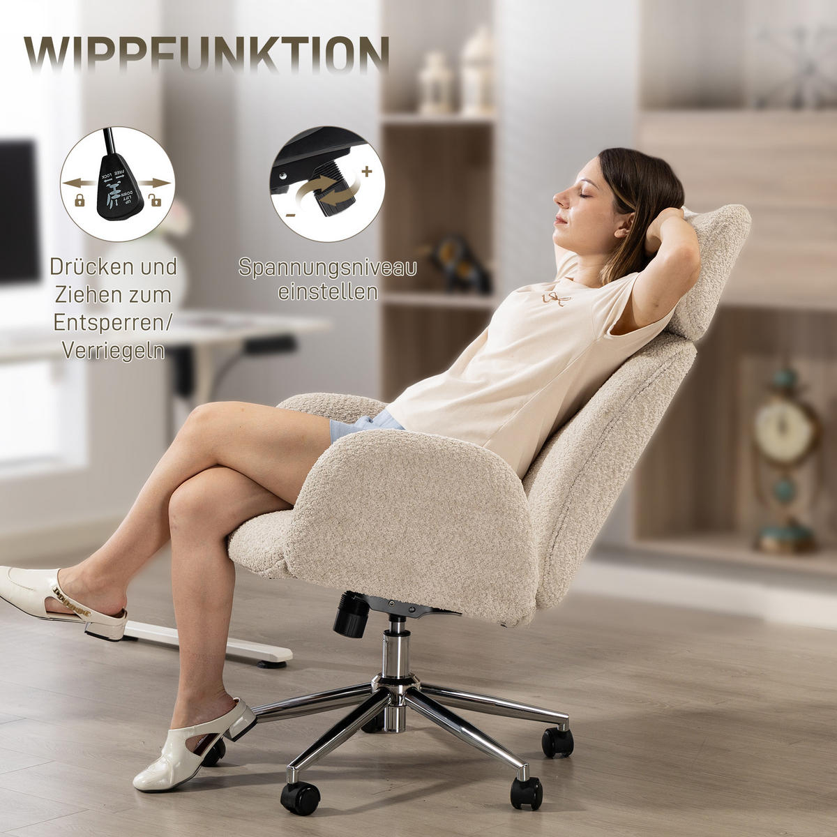 SCHREIBTISCHSTUHL Höhenverstellbar Homeoffice Stuhl mit Armlehne, Grauweiß - Silberfarben/Hellgrau, Textil/Metall (65/123/75cm) - HOMCOM