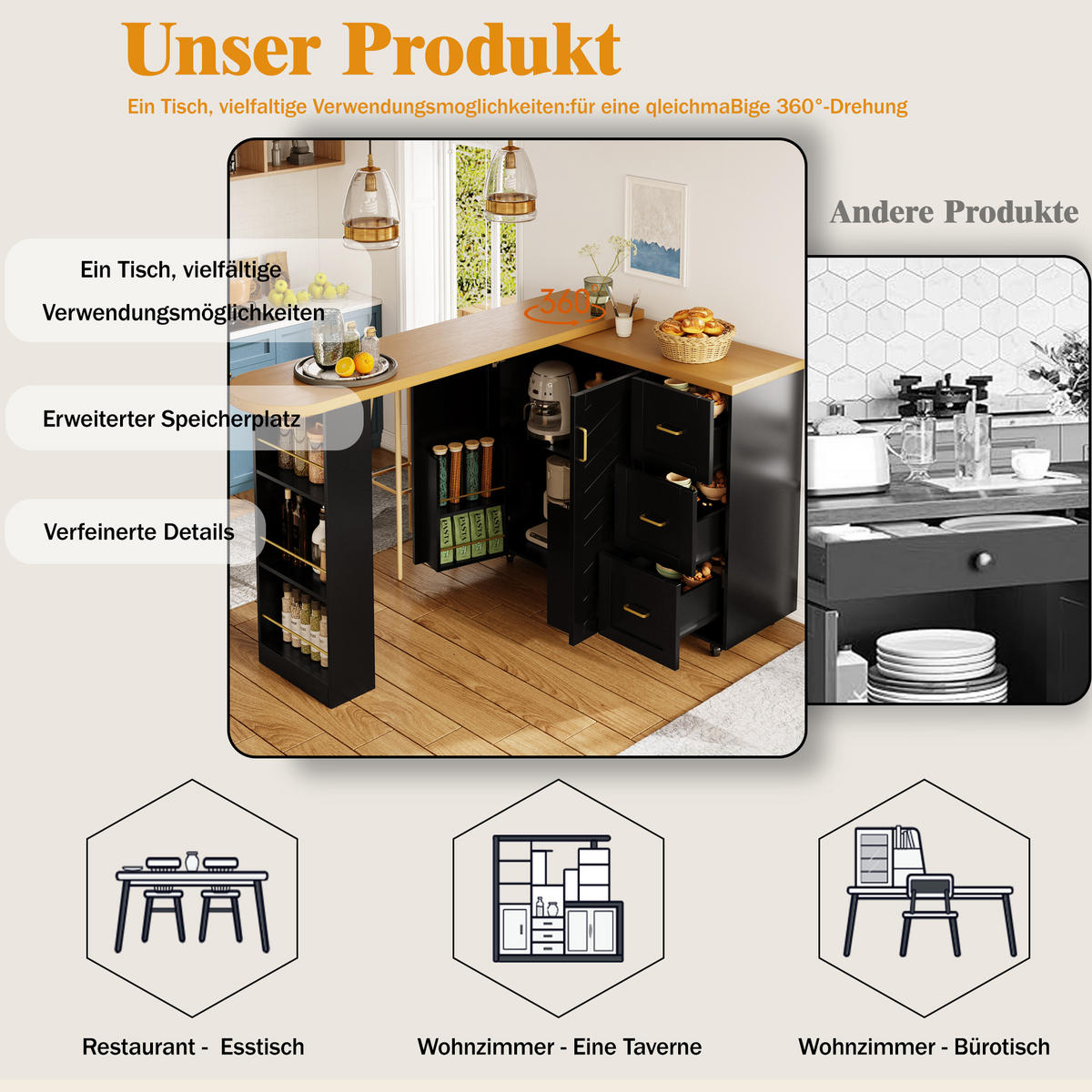 BARTISCH ausziehbar mit Stauraum & 5 Rollen, 135-228/39/104 cm, Schwarz - Schwarz, Holzwerkstoff (39/104/135cm) - Redom