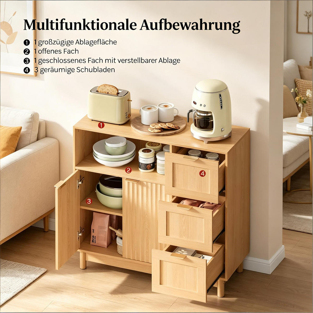 ANRICHTE Holzfarben 90/35/80 cm - Naturfarben, Holz (90/80/35cm) - PANGIVO