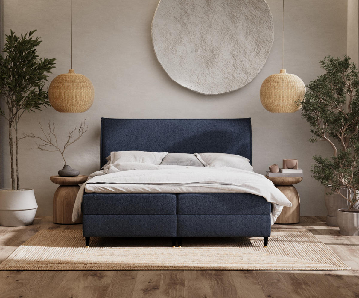 BOXBETT Melba Marineblau 160/200 cm mit Bonellmatratze - Schwarz/Dunkelblau, Holz/Holzwerkstoff (160/200cm) - Maison de Reve