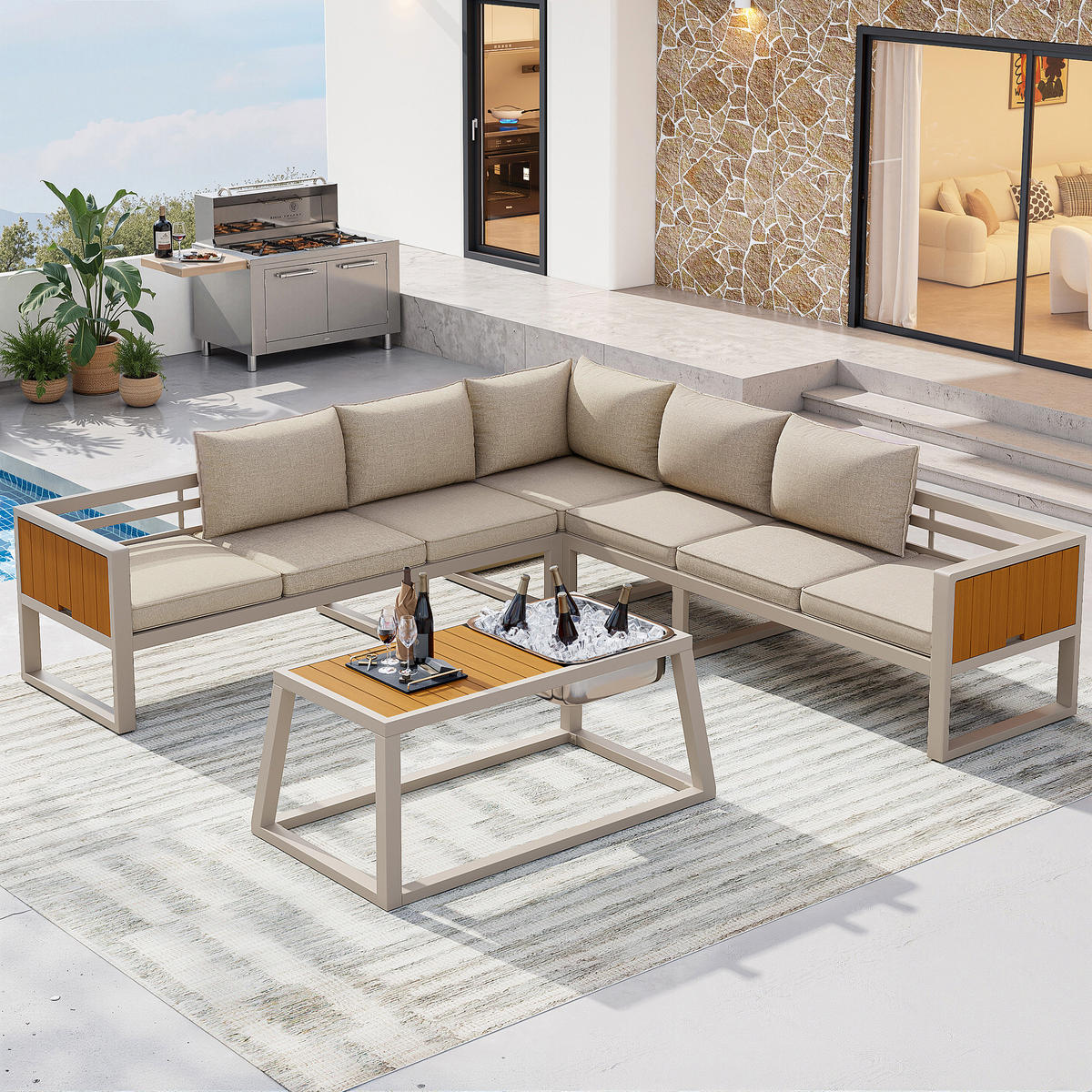 LOUNGEGARNITUR aus Eisen 178x178x62 cm Beige mit verstellbarer Rückenlehne - Beige, Metall - Modfu