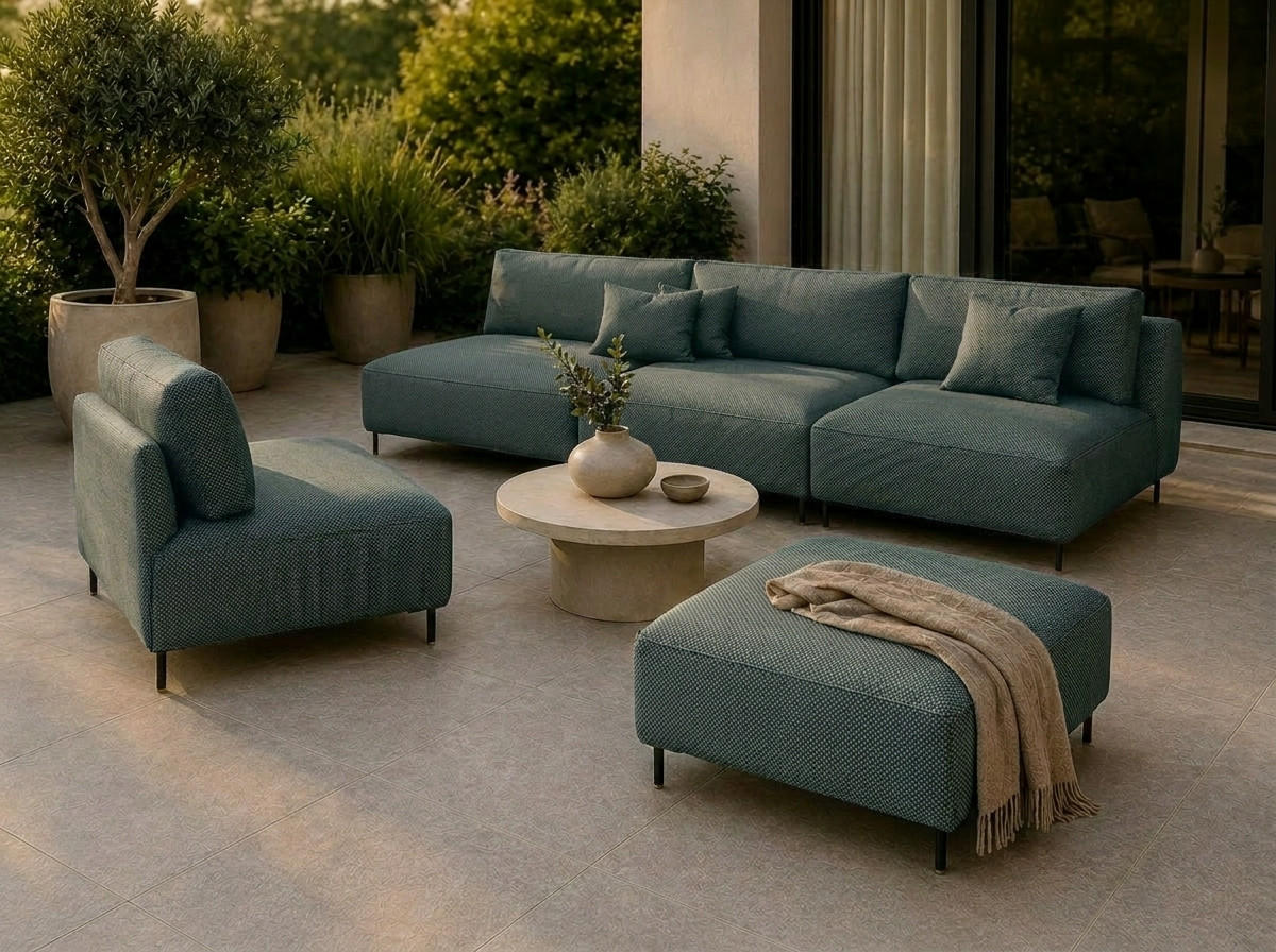 GARTEN Lounge Set SUN – Outdoor Möbel Set mit Sofa, Sessel und Hocker, UV-beständig und wasserabweisend - Dunkelgrün, Textil - A&J MöbelLand