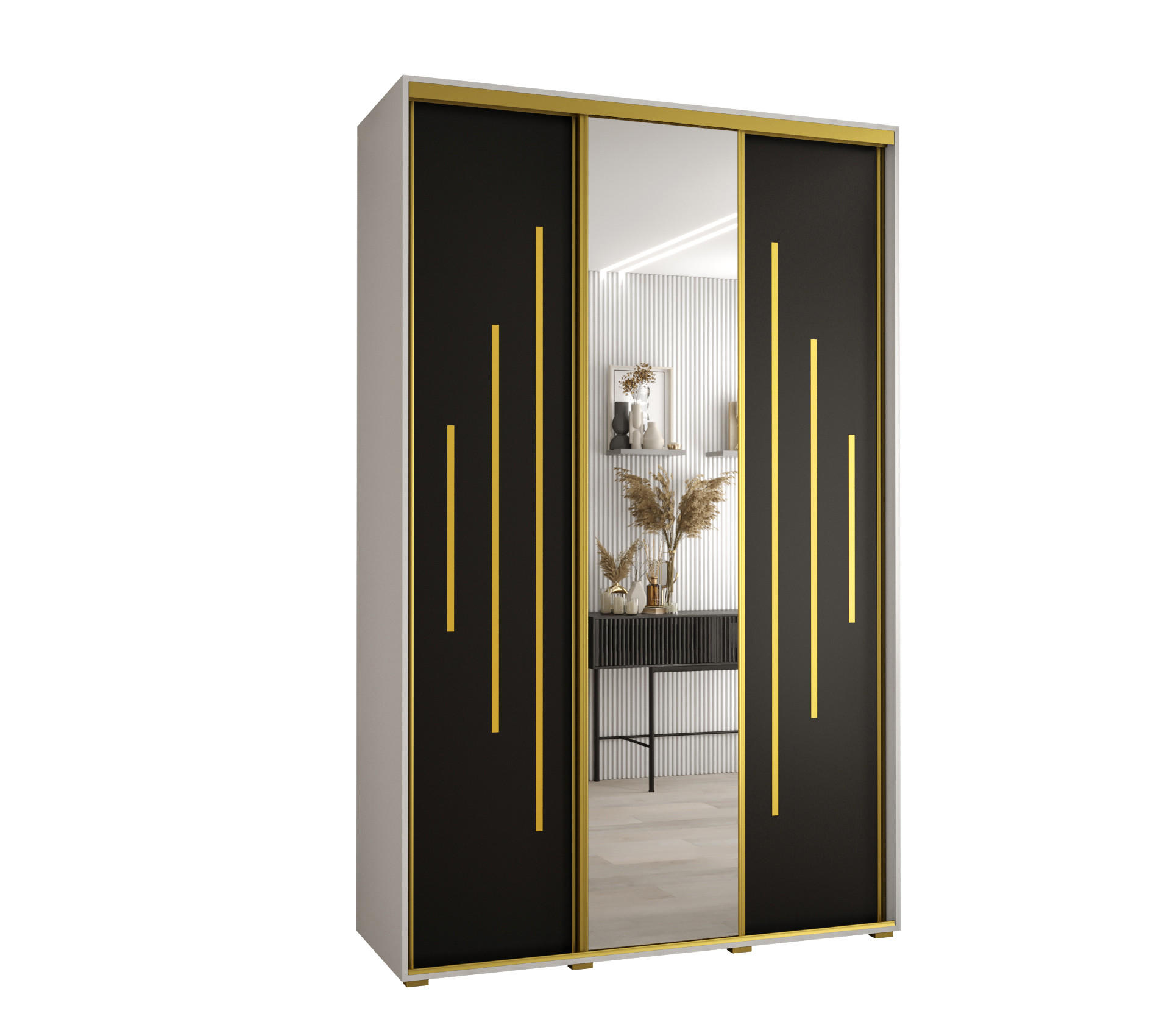 Abiks Möbel Schwebetürenschrank Weiß, Schwarz, Gold 160x235x60 cm