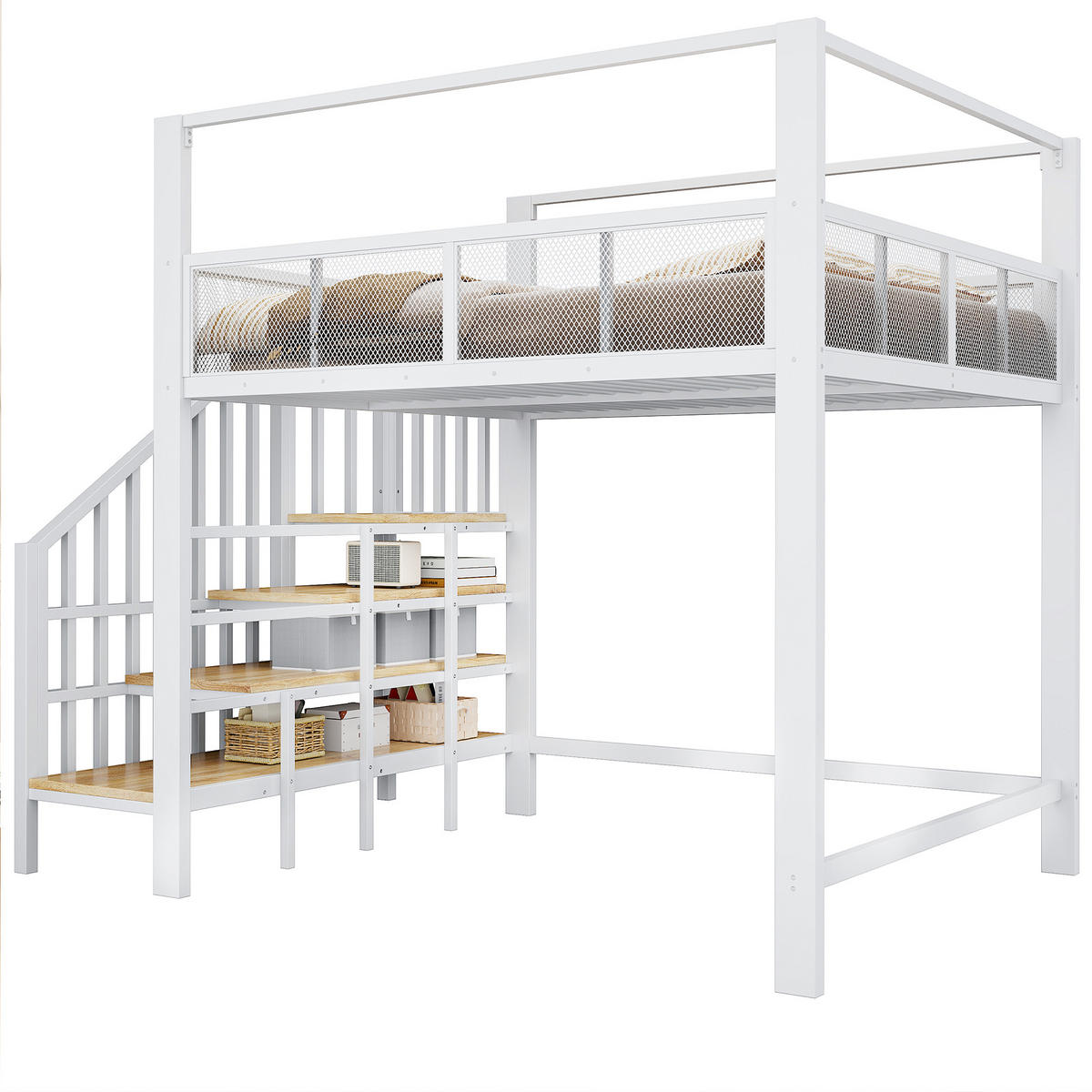 HOCHBETT Weiß 140×200cm mit Baldachin, Stauraumtreppe und freier Arbeitsfläche unter dem Bett - Weiß, Metall (140/200cm) - Luhomfu
