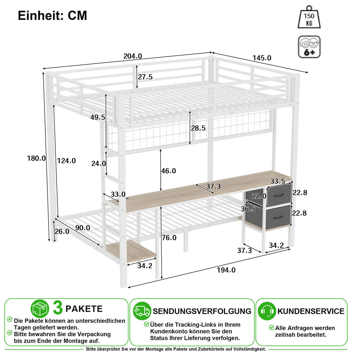 VYVÝŠENÁ POSTEL 140/200 cm v bílé barvě se zásuvkami, LED a USB z kovu - bílá, kov/kompozitní dřevo (140/200cm) - CHICFURN