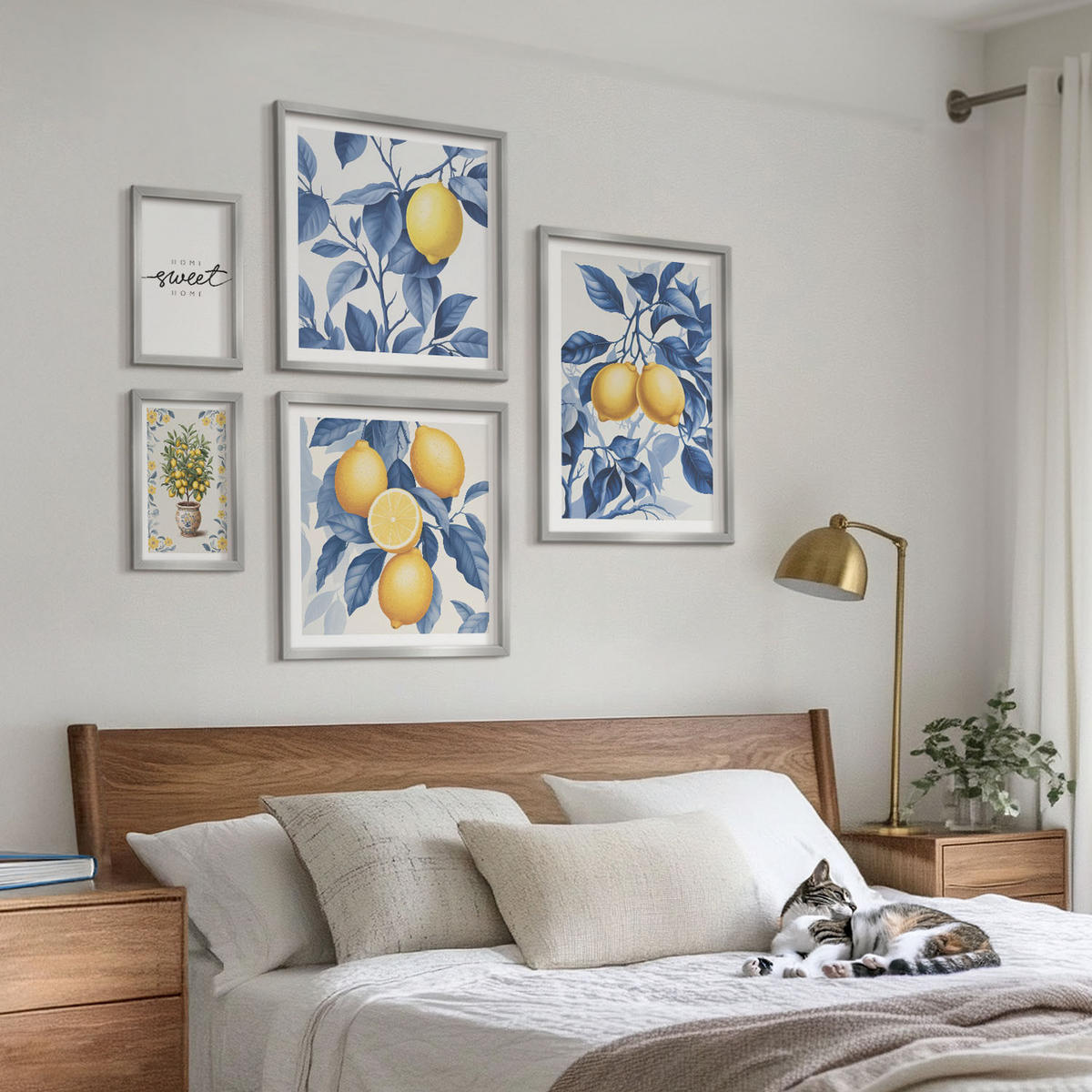 WANDBILDER 5er Set - 50x50 cm & 20x30 cm & 40x60 cm Silberner Rahmen - Zitronenzweige mit blauen Blättern - Silberfarben, Kunststoff (40/60cm) - ArtPrintCave