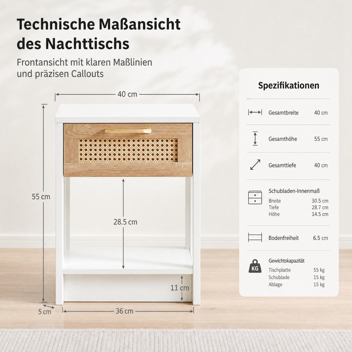 NACHTTISCH 40/55/40 cm Natur/Weiß aus MDF mit Schublade - Hellbraun, Holzwerkstoff (40/55/40cm) - OKMYHOME