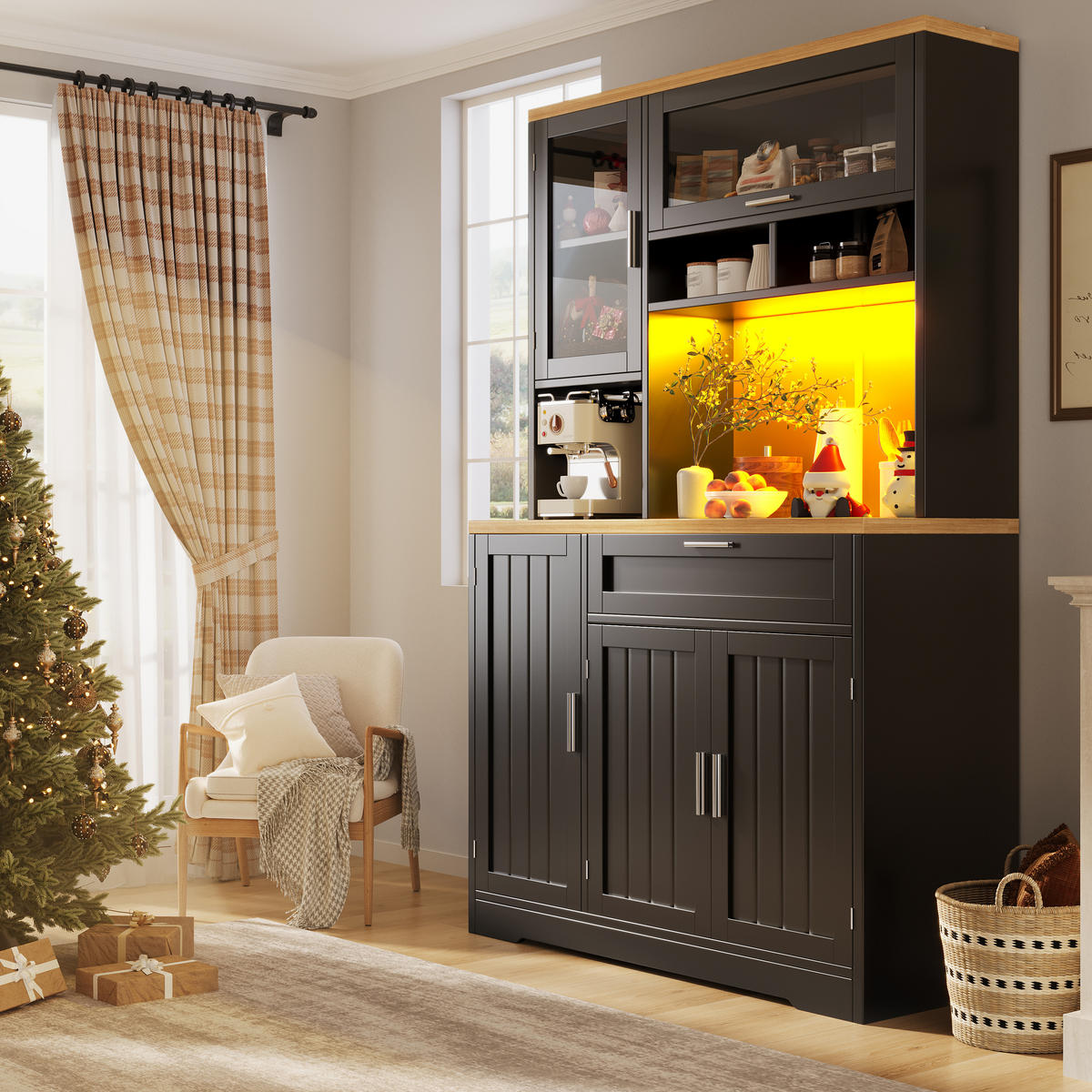 KÜCHENSCHRANK LED 104x40x180Cm Vitrine Weiß Schwarz - Schwarz, Metall (104/180/40cm) - FLIEKS