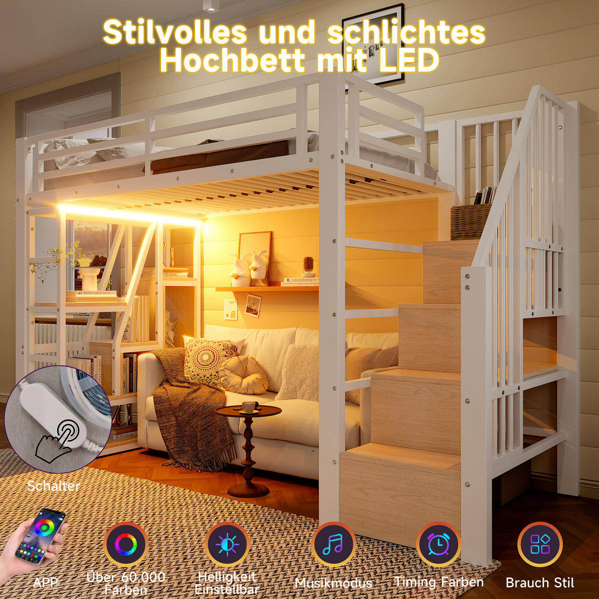 HOCHBETT 90/200 cm mit LED-Lichtleiste, Stauraumtreppe, Schutzgeländer und offenem Regaldesign, Weiß - Weiß, Holzwerkstoff (90/200cm) - Redom