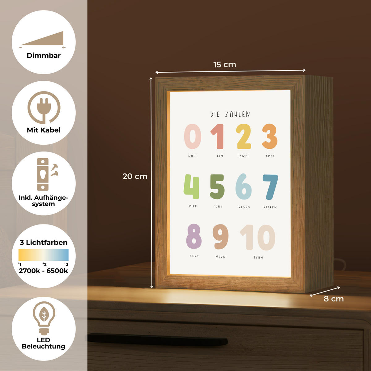 NACHTTISCHLAMPE Pädagogisch - Zählen lernen - Weiß - Farben - 1-10 15x20 cm - Weiß, Holzwerkstoff (8/15/20cm)