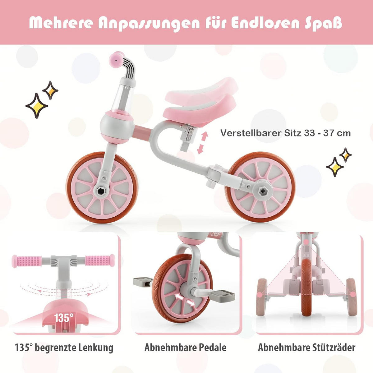 DREIRAD 4 in 1 Kinder dreirad+ Laufrad Pink - Pink, Kunststoff (37/72/101cm) - COSTWAY