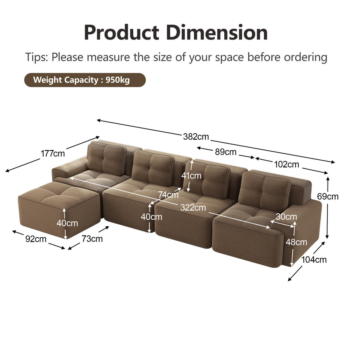 4-SITZER ECKSOFA Cord Braun rutschfest - Braun, Textil (382/177cm) - WISHDOR