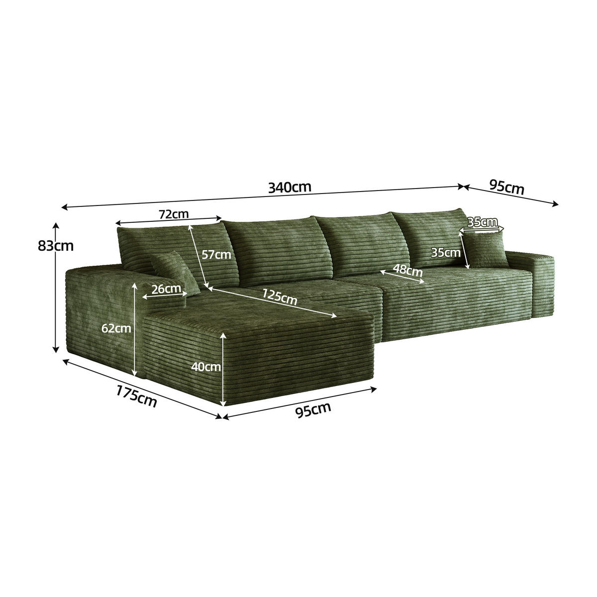 ECKSOFA 340/175/83 cm Grün mit L-förmiger Chaiselongue, Linke Seite - Grün, Textil (340/175cm) - Oxeza