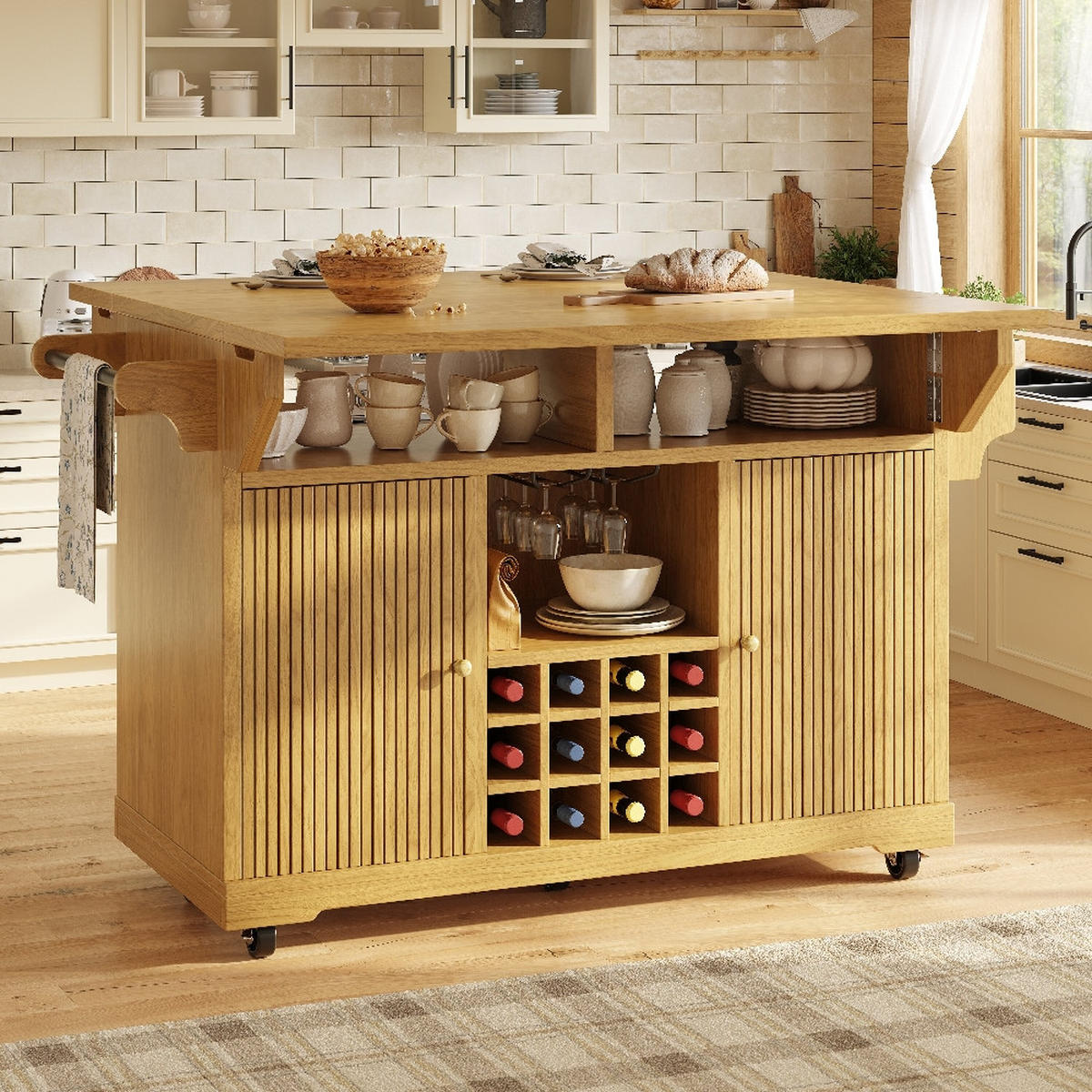 KÜCHENINSEL ausklappbar mit Stauraum, Naturbraun, MDF/Metall, 142,5/80/95 cm - Naturfarben, Kunststoff (80/95/142.5cm) - Rolipo