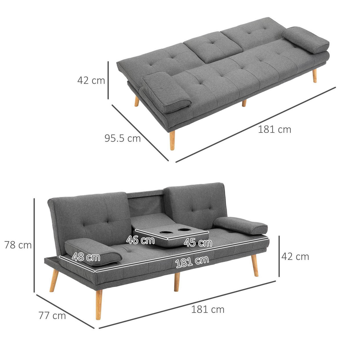 ROZKLÁDACÍ pohovka 181 cm s klopným stolkem, třípolohovým opěradlem a stabilními nohami z masivu, Tmavě šedá - tmavě šedá, textil (77/78/181cm) - Redom
