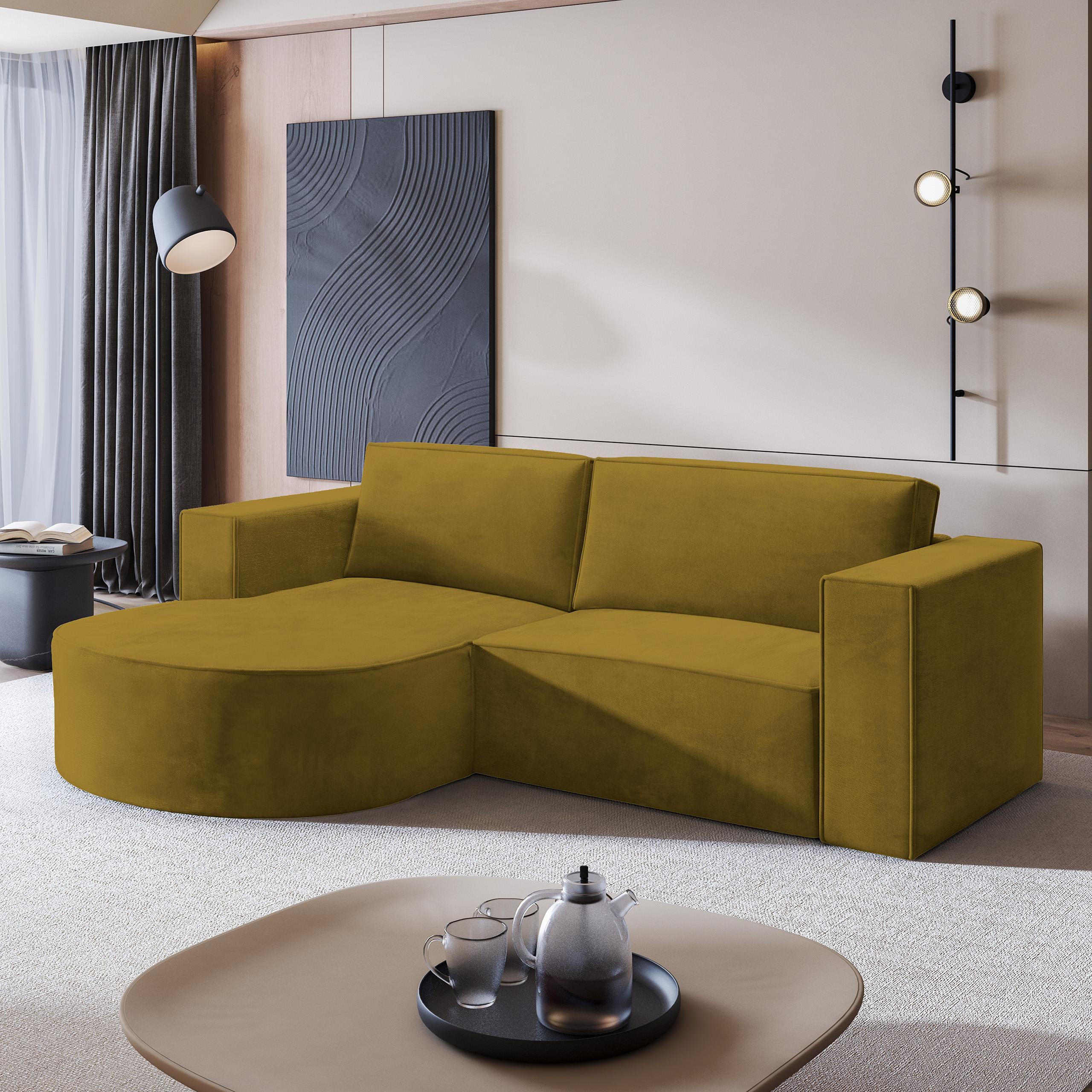 ECKSOFA SORELA M L-S Gelb Velours-Stoff mit Schlaffunktion - Gelb, Holz (263/174cm) - MASSENO