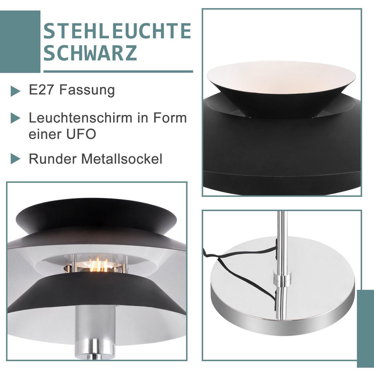 STEHLEUCHTE Albert 40/25/145 cm - Schwarz, Metall (45/22/178cm) - Nettlife