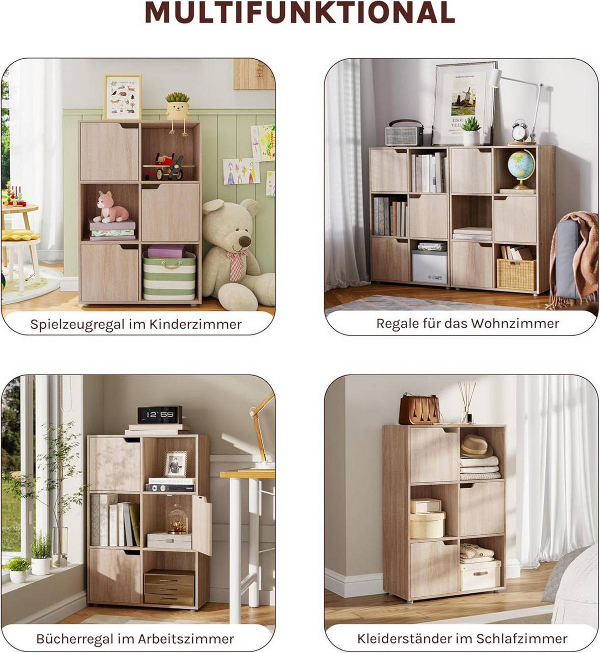 REGALE Bücherregal mit 3 Türen, 6 Fächer, Eiche - Eichefarben/Grau, Holzwerkstoff/Kunststoff (59.6/91/29cm) - Woltu