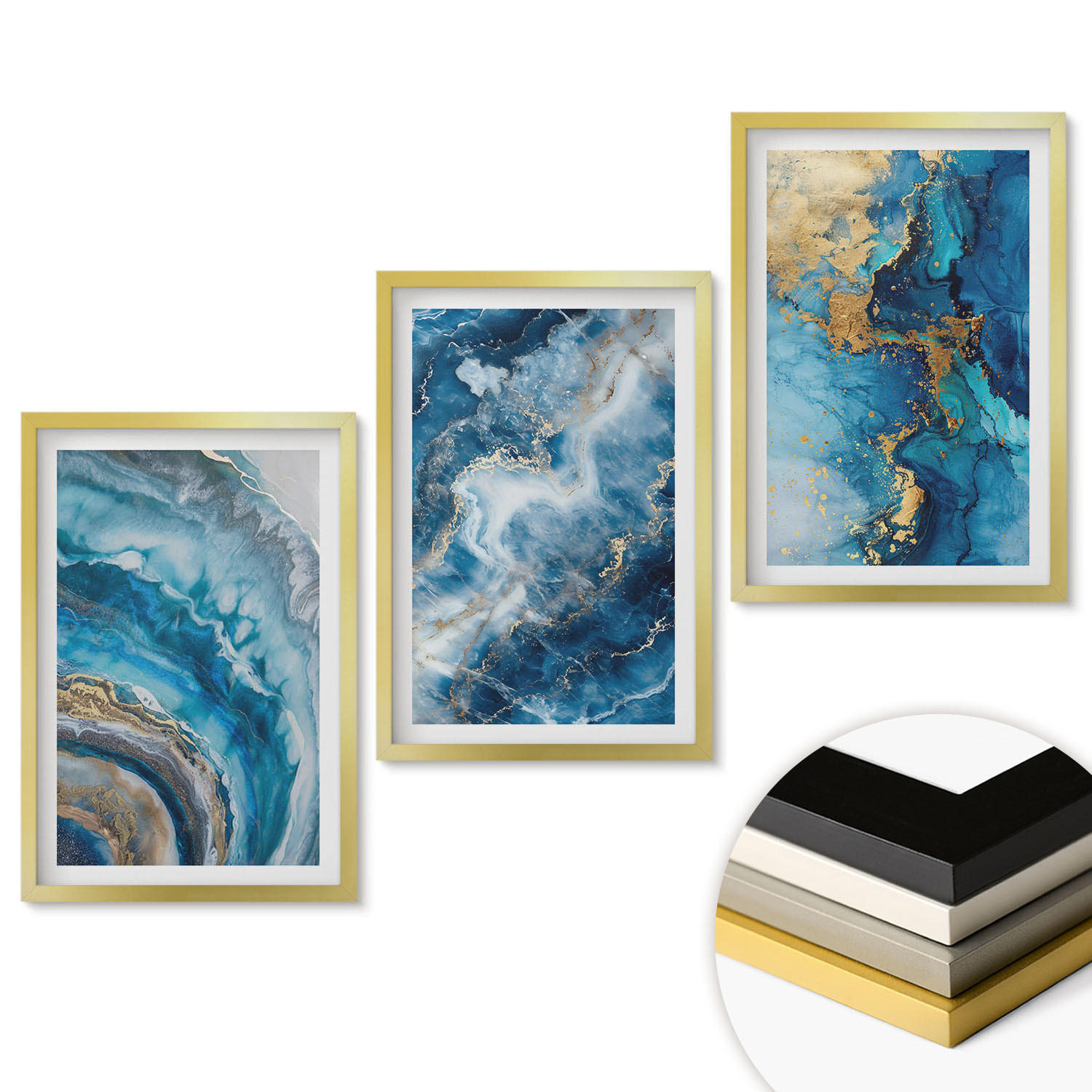 WANDBILDER 3er Set - 40x60 cm Goldrahmen - Blaue abstrakte Muster - Goldfarben, Kunststoff (40/60cm) - ArtPrintCave