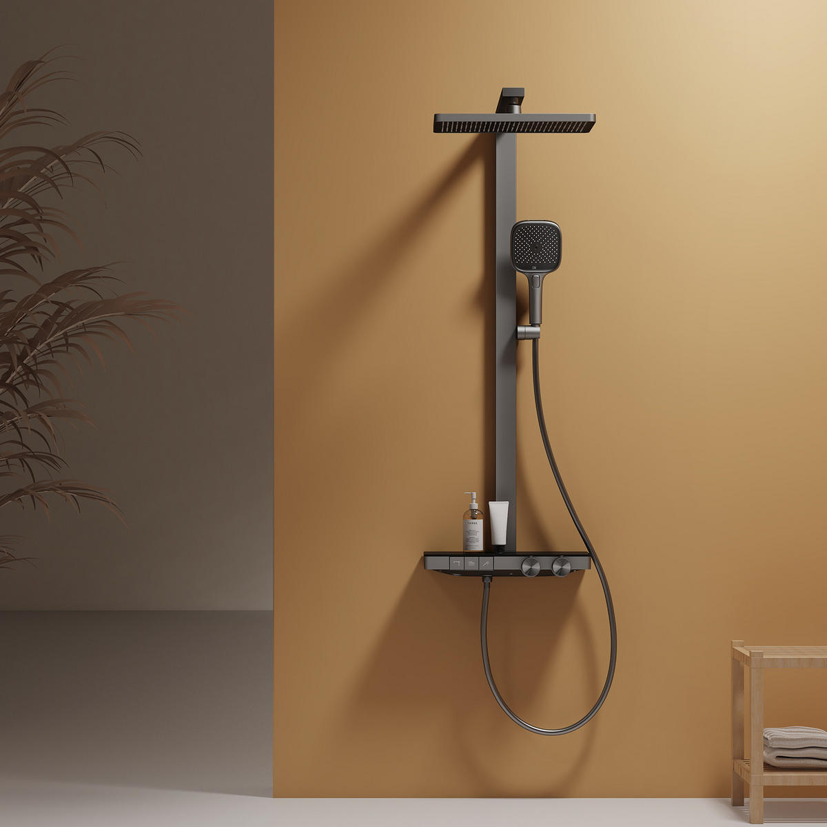 ÜBERKOPFBRAUSESET mit Thermostat Einstellbarer Durchfluss 4-Strahl Anthrazit Matt - Anthrazit, Metall (40.2/105/57.3cm) - EMKE