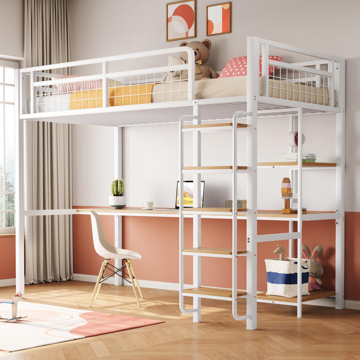 HOCHBETT 90/200 cm mit Schreibtisch, Regalen und Sicherheitsleiter aus Metall, Weiß - Weiß, Metall (90/200cm) - Redom