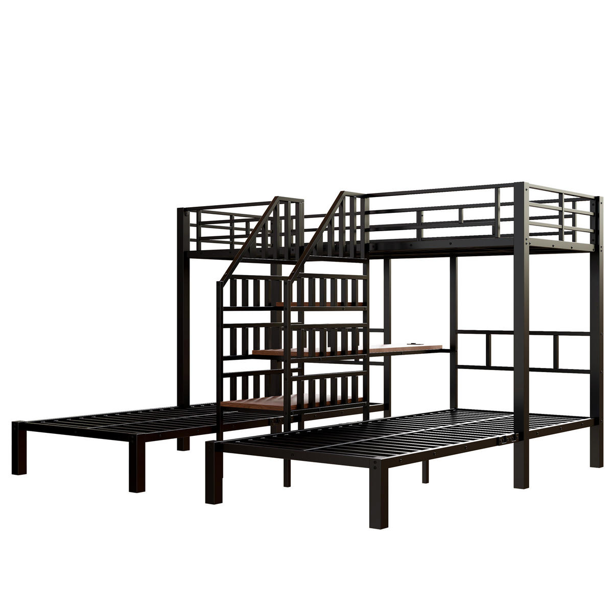 ETAGENBETT 90/200 cm mit LED-Beleuchtung, Schreibtisch, Stauraumtreppe, USB und Steckdose, Metall/MDF, Schwarz - Schwarz, Metall (90/200cm) - Redom