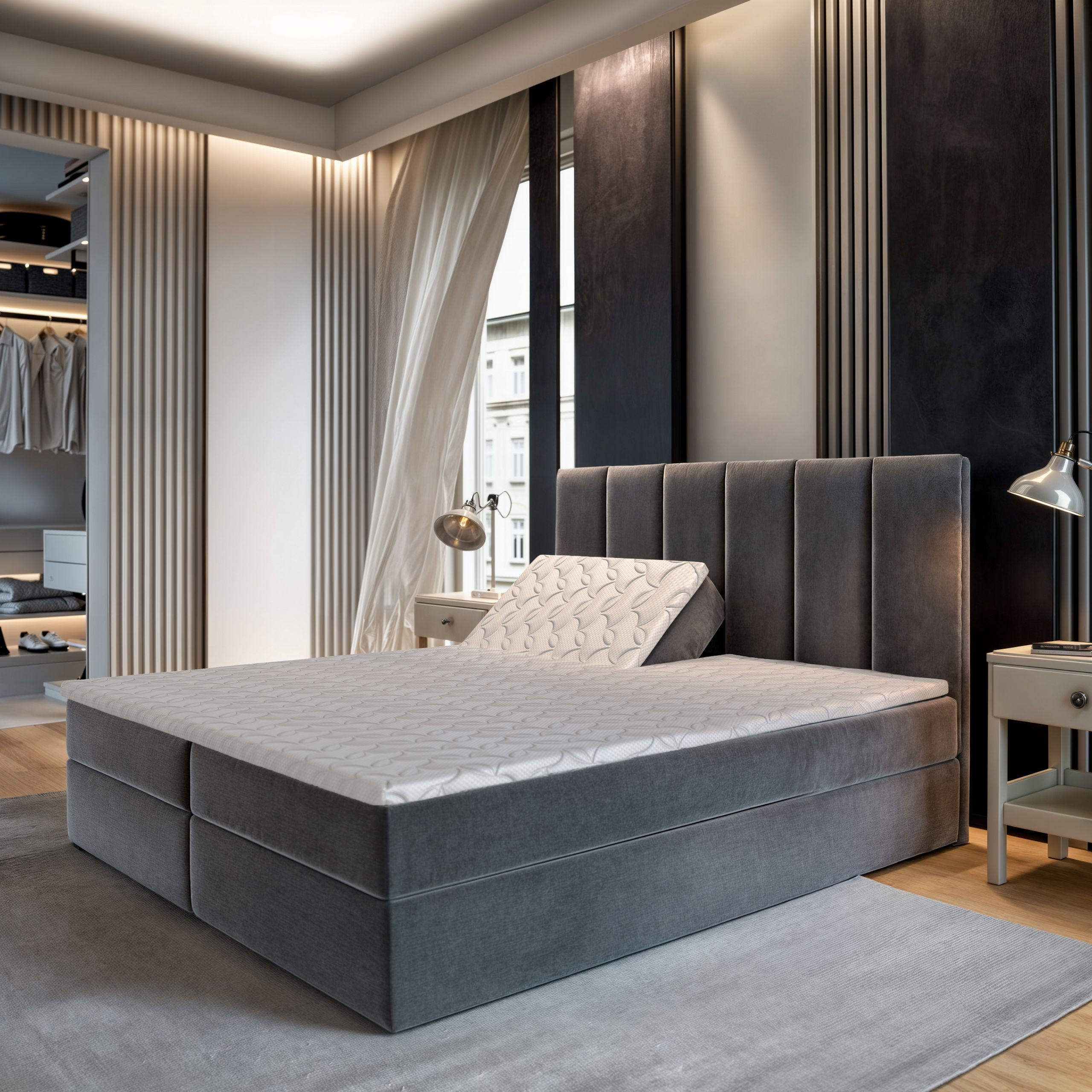 Thumbnail - Masseno Boxbett, Grau, Holz, H2 + H3, 180x200 cm, Schlafzimmer, Betten, Boxspringbetten