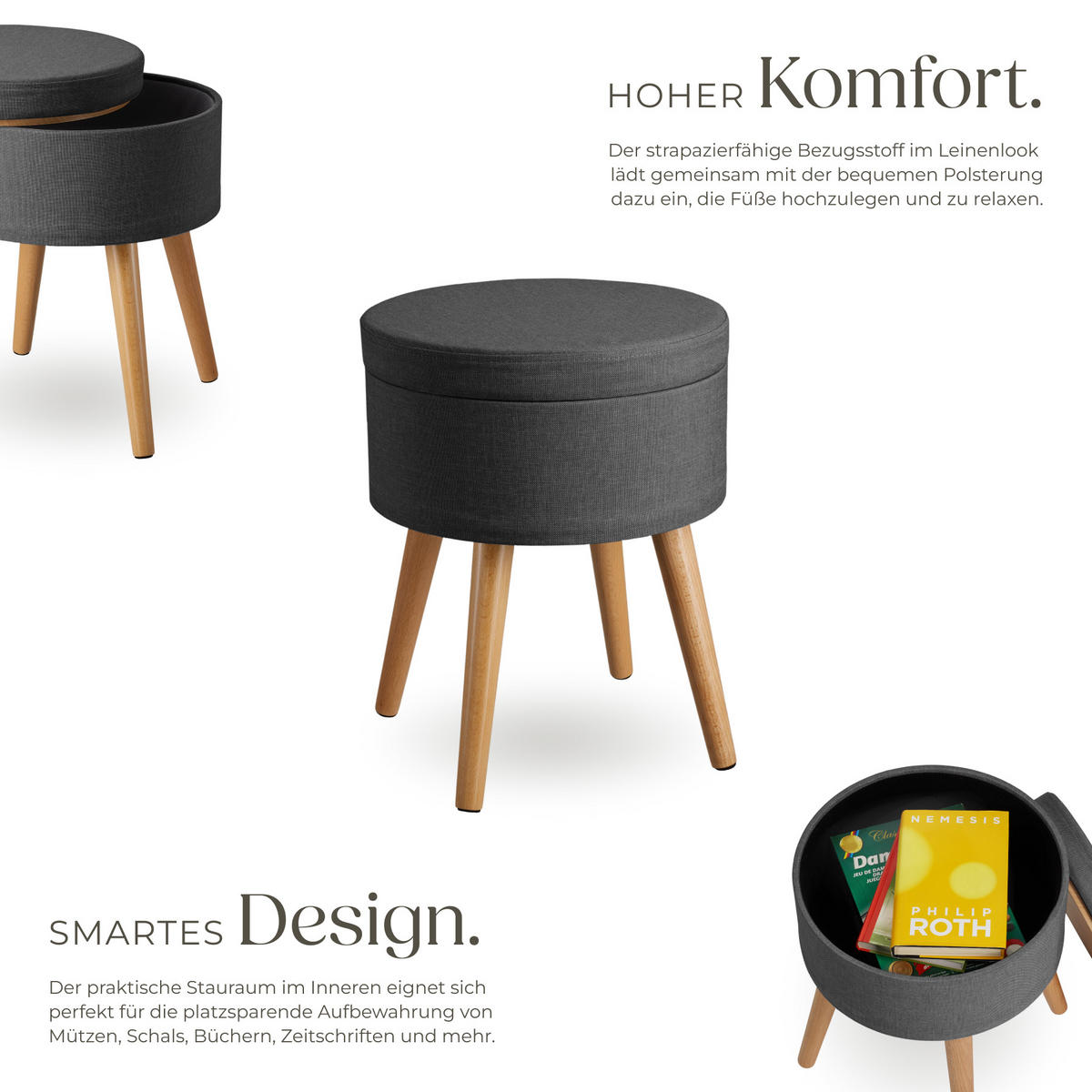 SITZHOCKER mit Stauraum Yara,42,5 x 42,5 x 45,5 cm,dunkelgrau - Dunkelgrau, Holz (42.5/45.5/42.5cm) - tectake