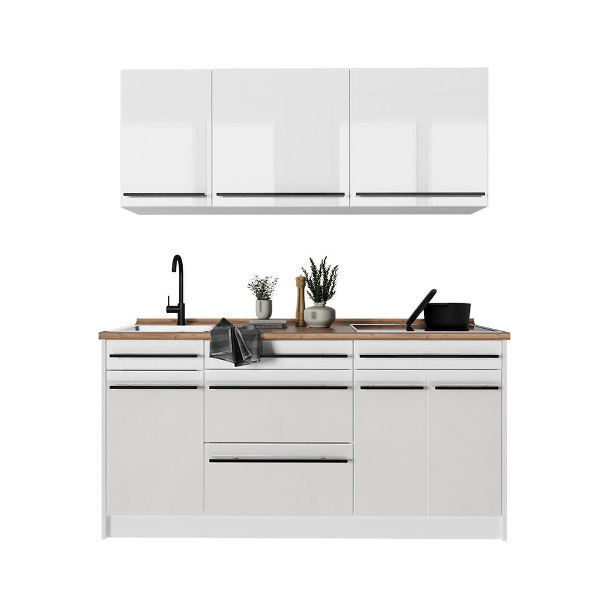SINGLEKÜCHE R-Line, Weiß Hochglanz/Weiß, 160 cm Arbeitsplatte Marmor - Weiß Hochglanz/Weiß, Holzwerkstoff (160/81.6/60cm) - Vicco