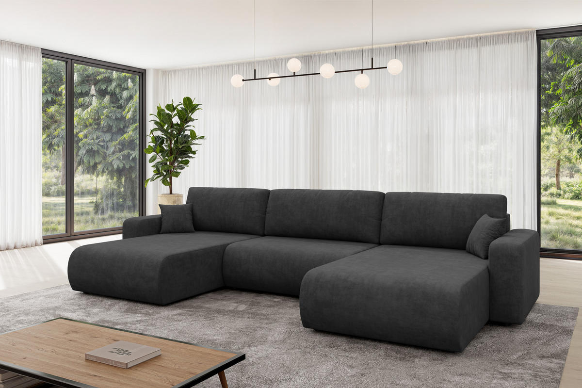 SEDACÍ SOUPRAVA DO U s funkcí spaní a úložným prostorem BERY-U 377x193x88 tmavě šedá velur - černá/antracitová, kompozitní dřevo/textil (377/88/193cm) - ALTDECOR