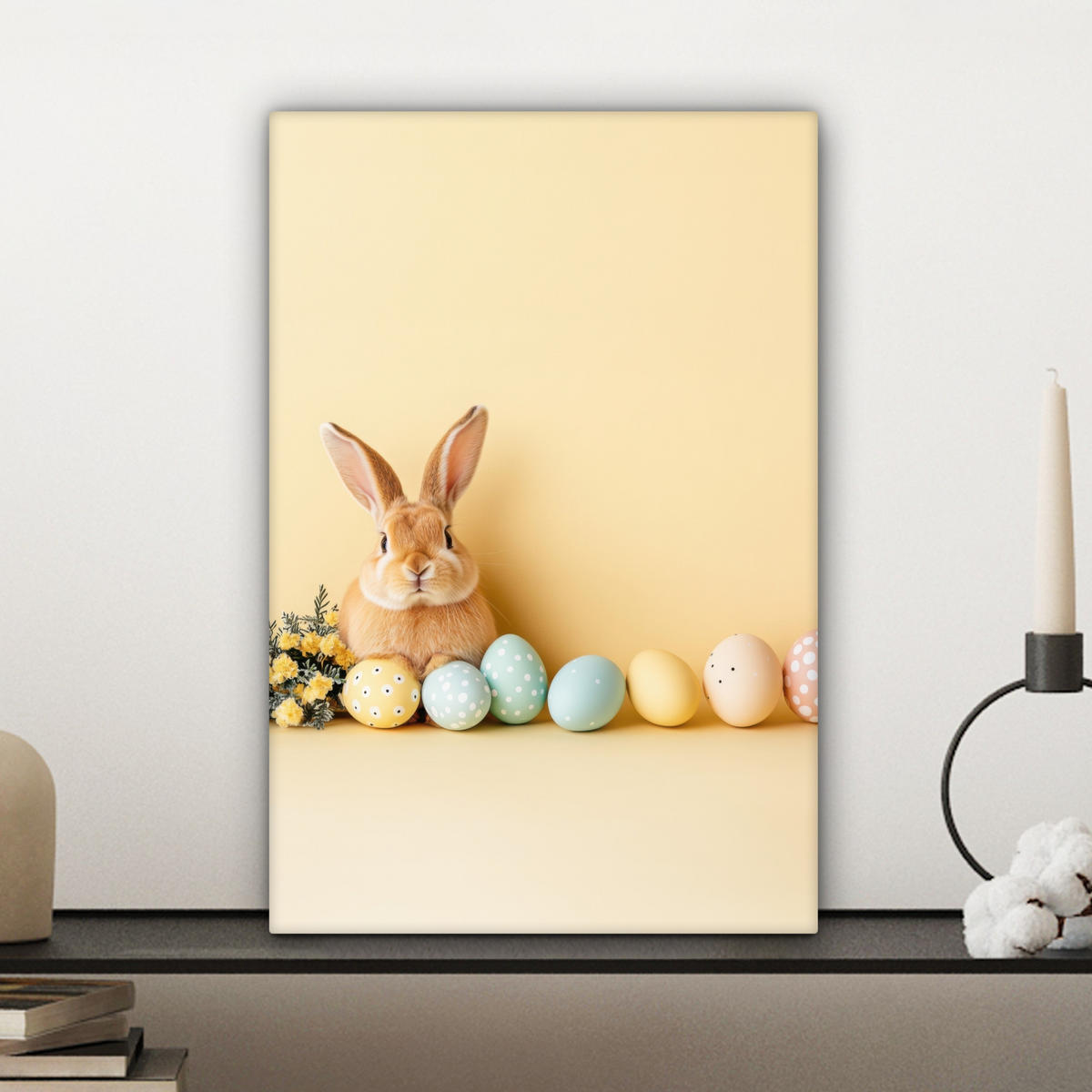 LEINWANDBILD Eier - Kaninchen - Pastellfarbtöne Deko Wohnzimmer 20x30 cm - Hellgelb, Textil (20/30cm) - MuchoWow