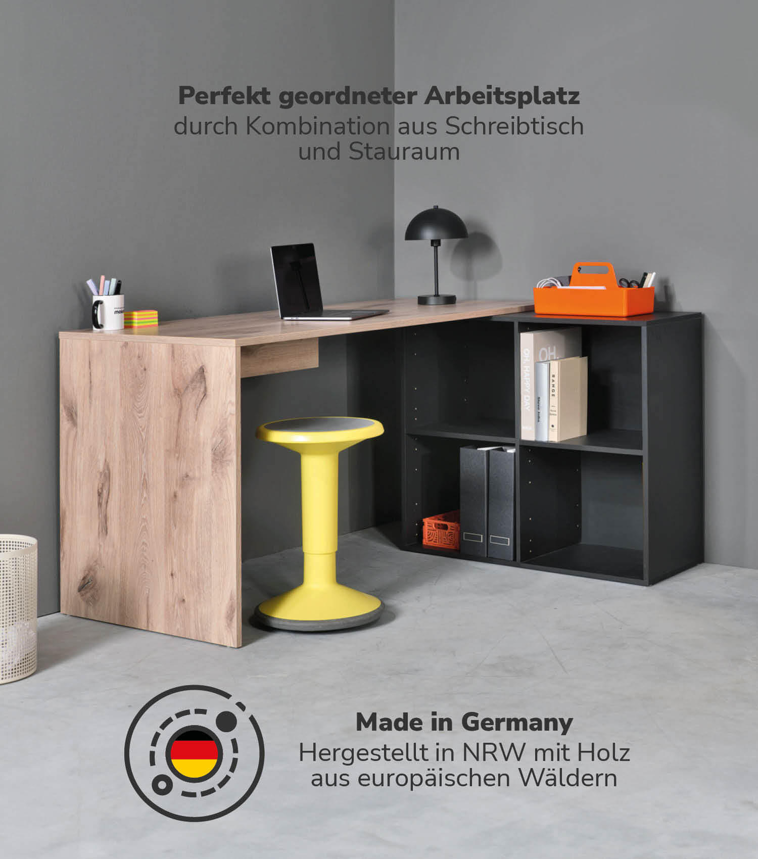 ECKSCHREIBTISCH Der Produktive - Eichefarben/Schwarz, Holzwerkstoff (65/145/77cm) - Mokebo