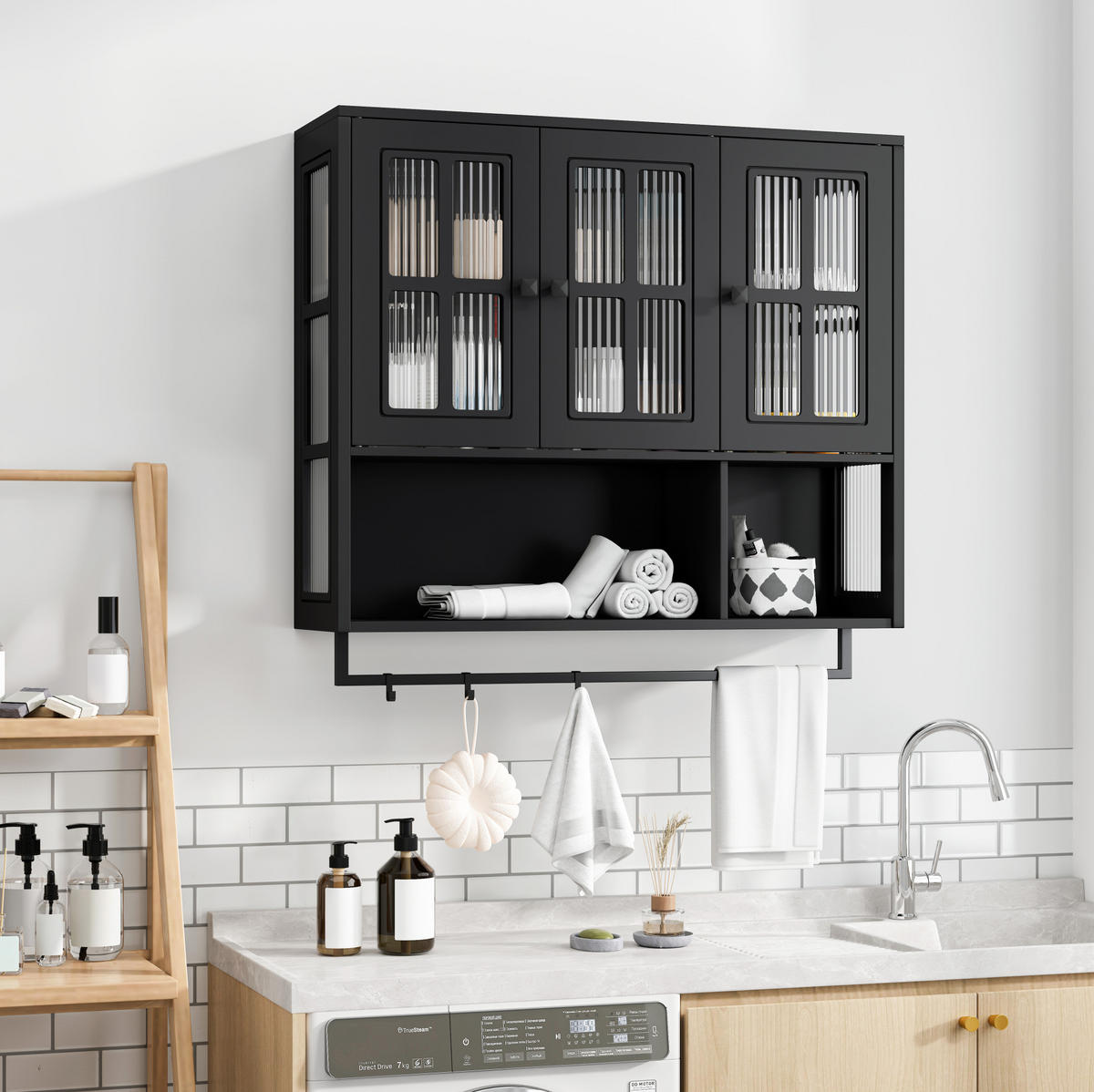 KÜCHENOBERSCHRANK 88x26x82.5 cm in Schwarz aus Sicherheitsglas mit geriffeltem Glas & Handtuchstange - Schwarz, Holzwerkstoff (88/82.5/26cm) - Modfu