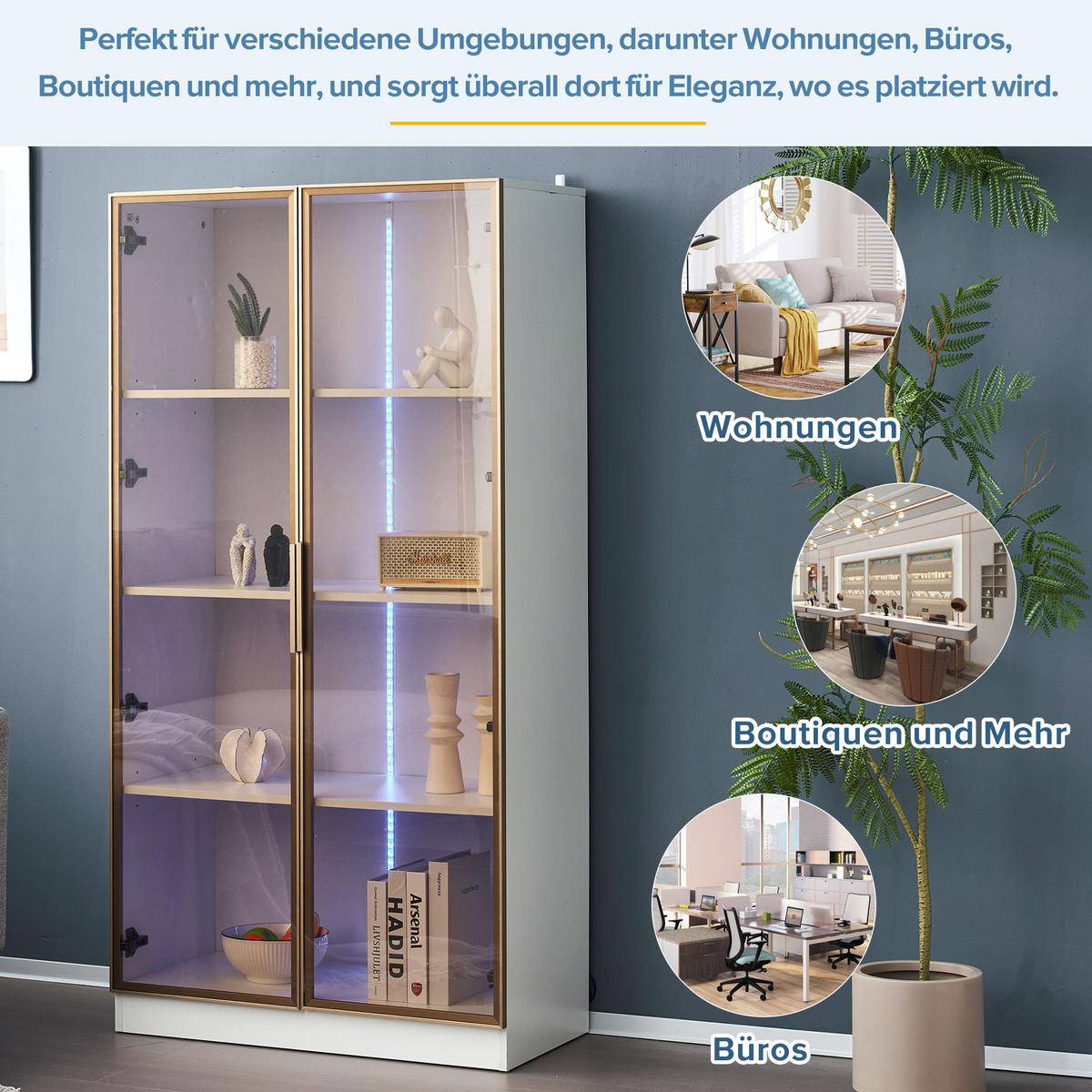 VITRINE, LED-Licht, 2 Türen, Einlegeböden, 80x40x160cm - Weiß, Holzwerkstoff (40/160/80cm) - FLIEKS