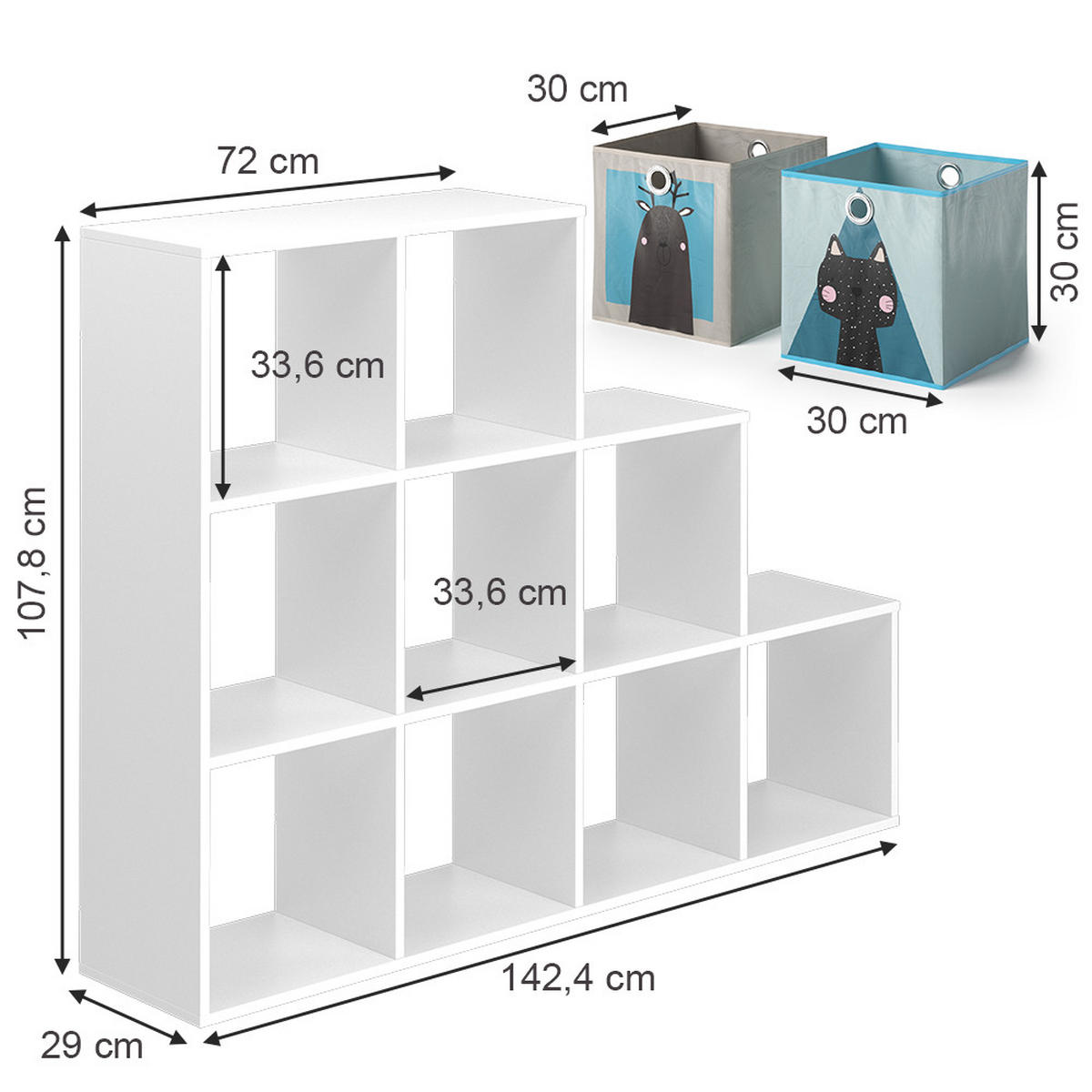 KINDERREGAL Weiß 142.4 x 107.8 cm mit 8 Faltboxen - Weiß, Holzwerkstoff (142.4/107.8/29cm) - Vicco